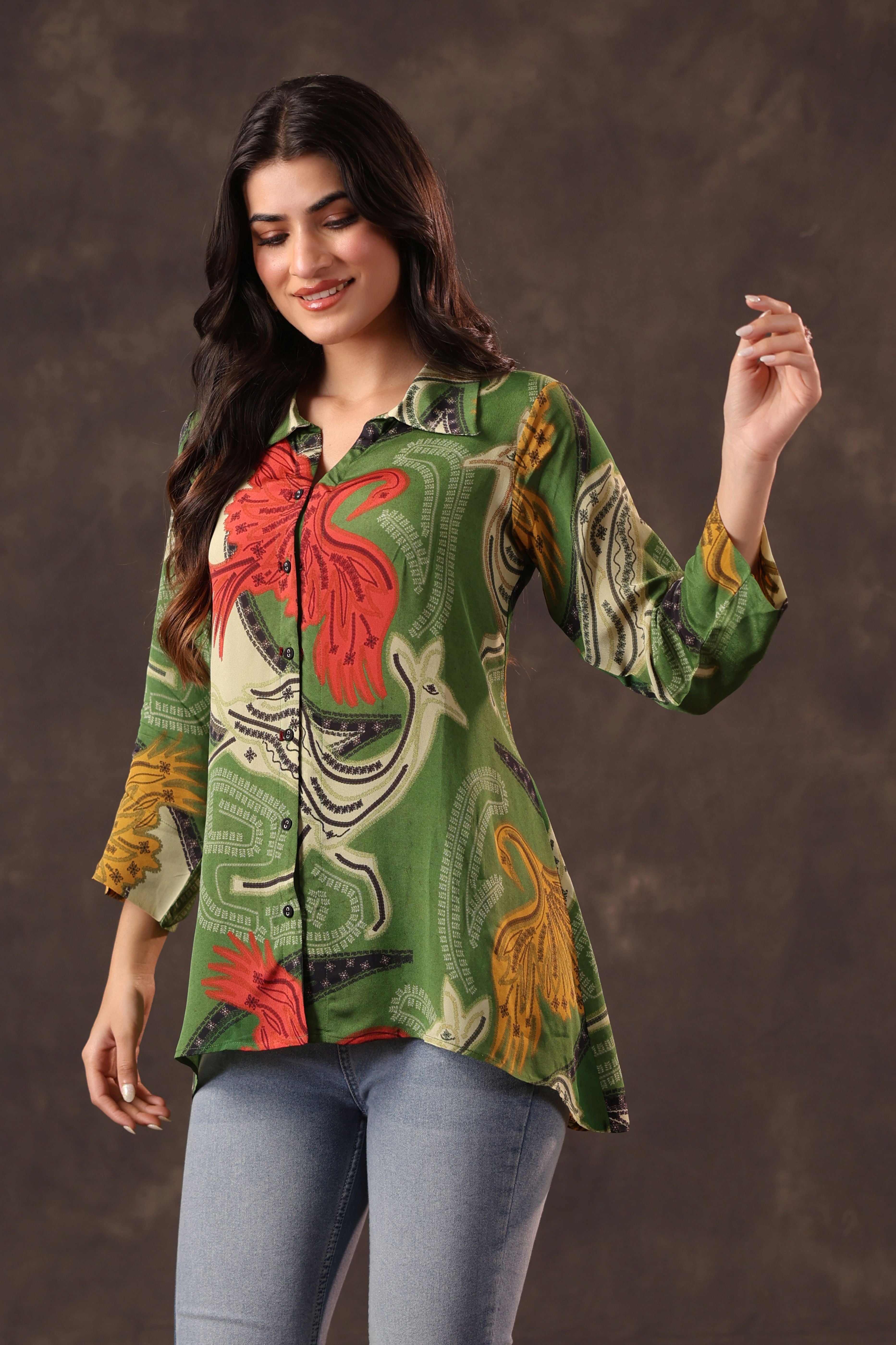 Sap Green Printed Crepe Silk Top