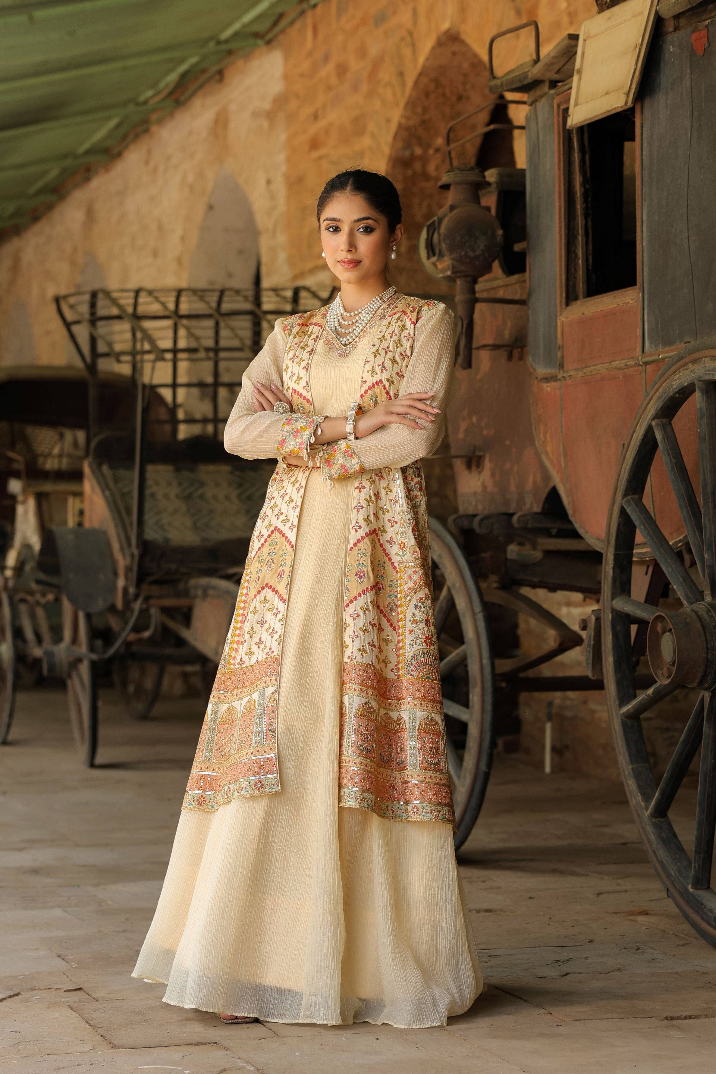 Cream Embroidered Premium Silk Lehenga Set