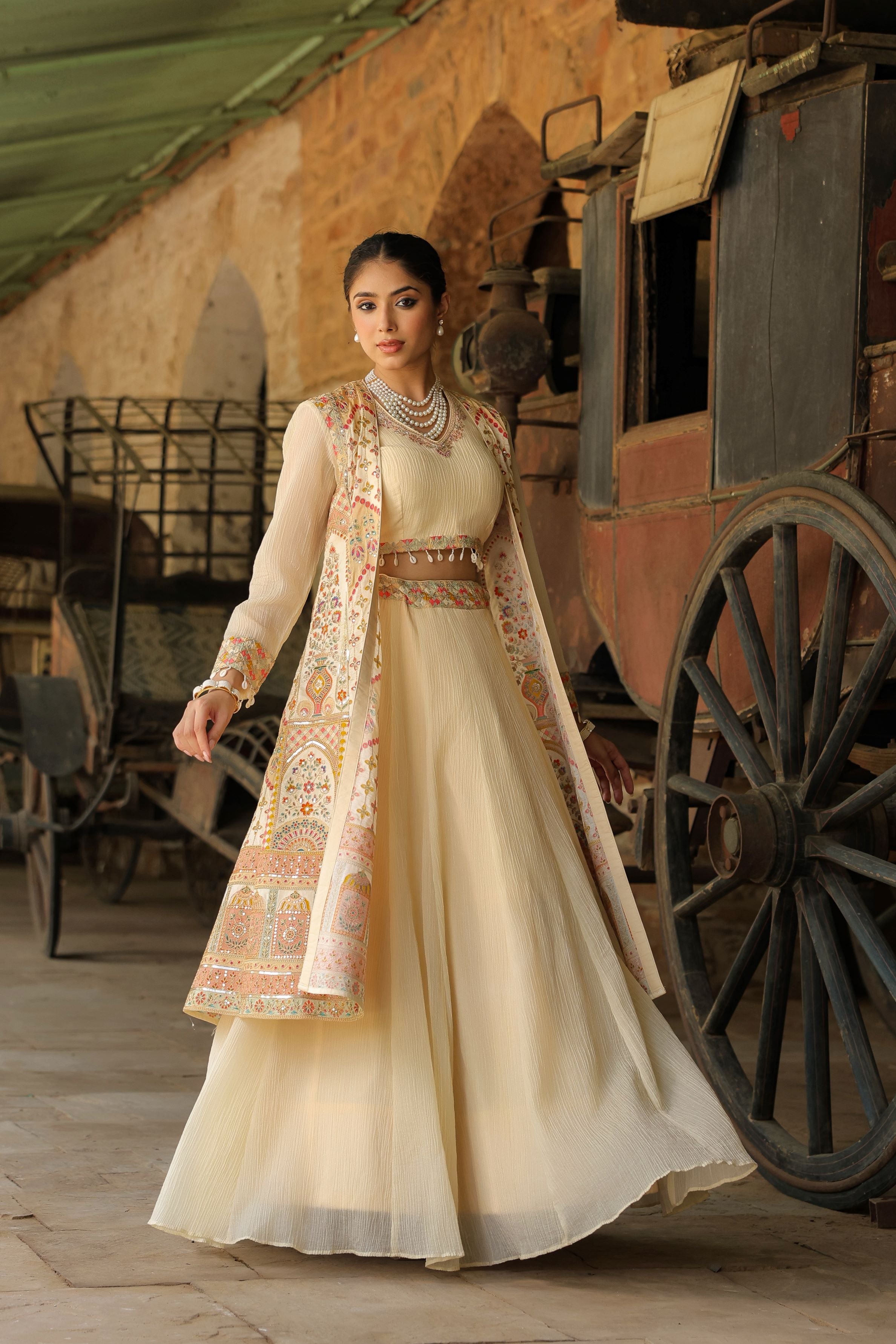 Cream Embroidered Premium Silk Lehenga Set