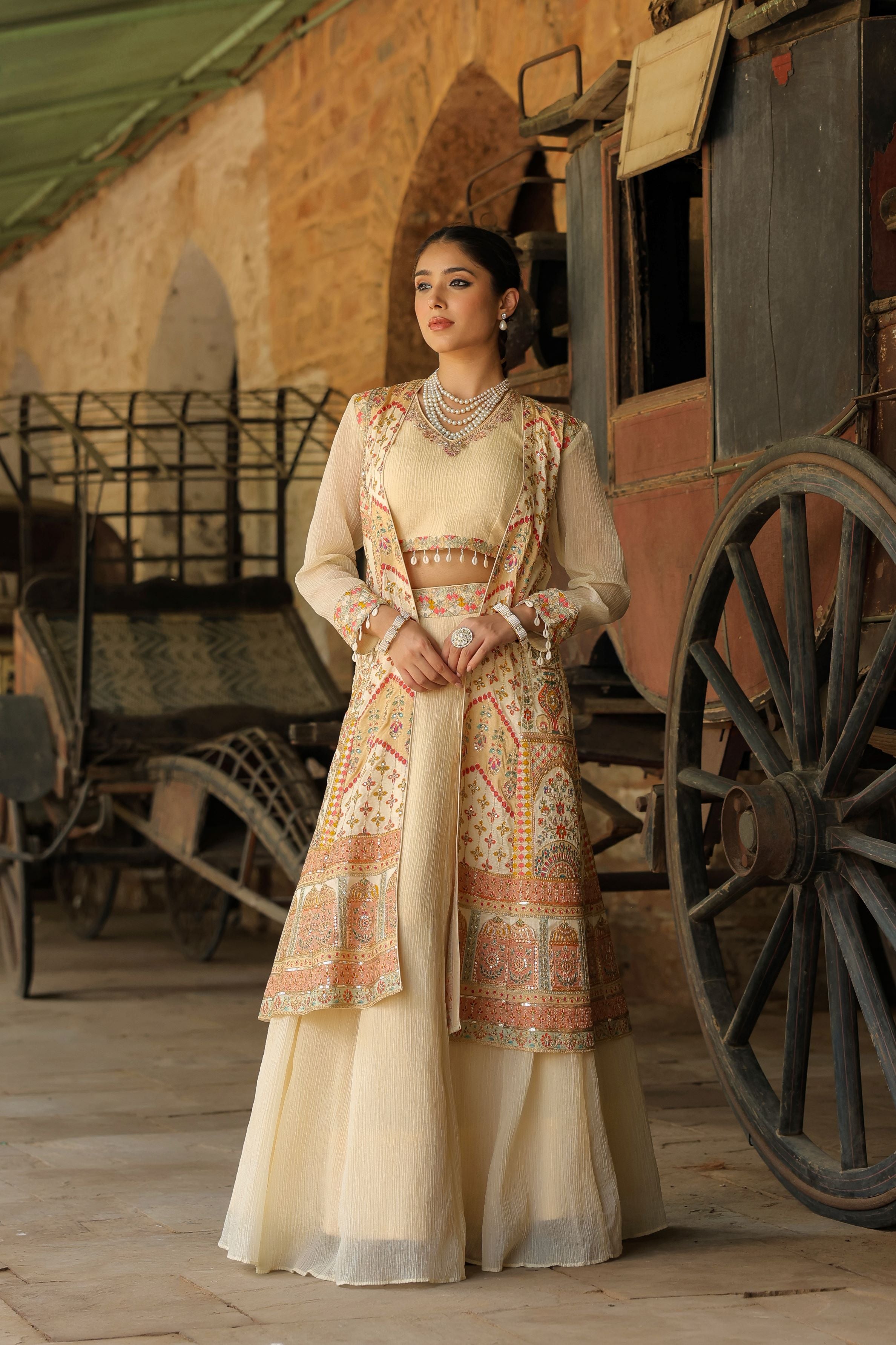 Cream Embroidered Premium Silk Lehenga Set