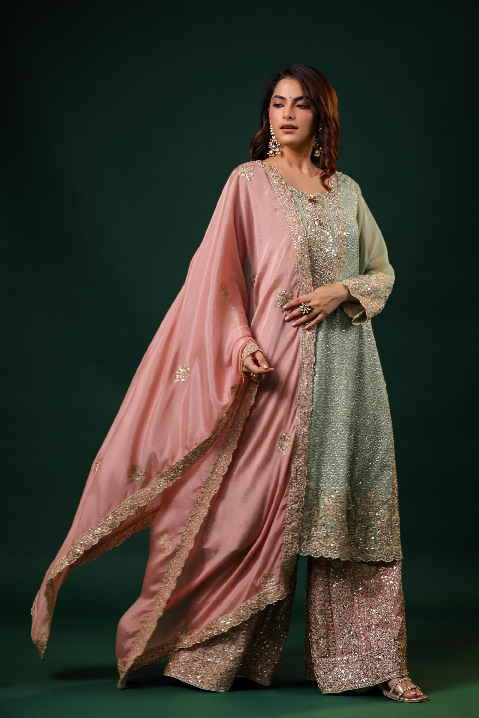 Pastel Green Embellished Premium Georgette Silk Palazzo Set