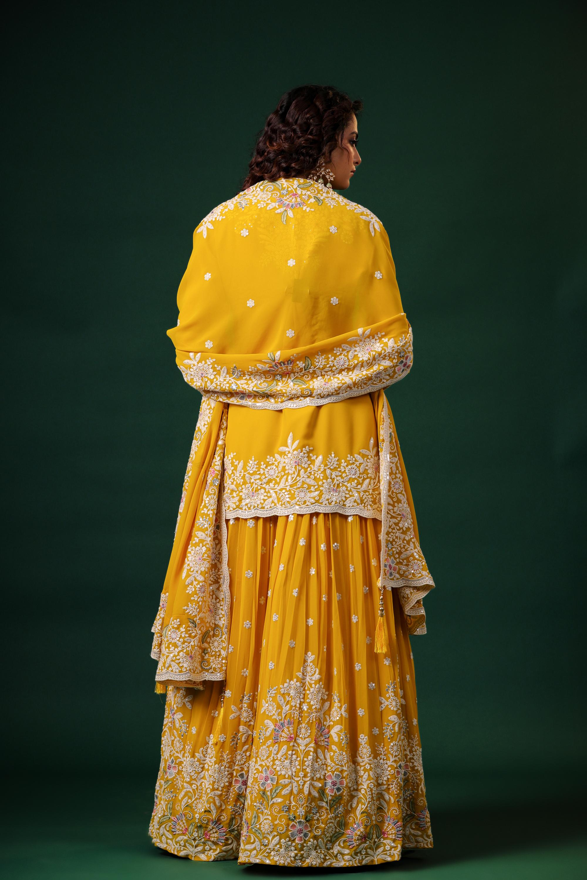 Bright Yellow Embroidered Swiss Georgette Silk Lehenga Set
