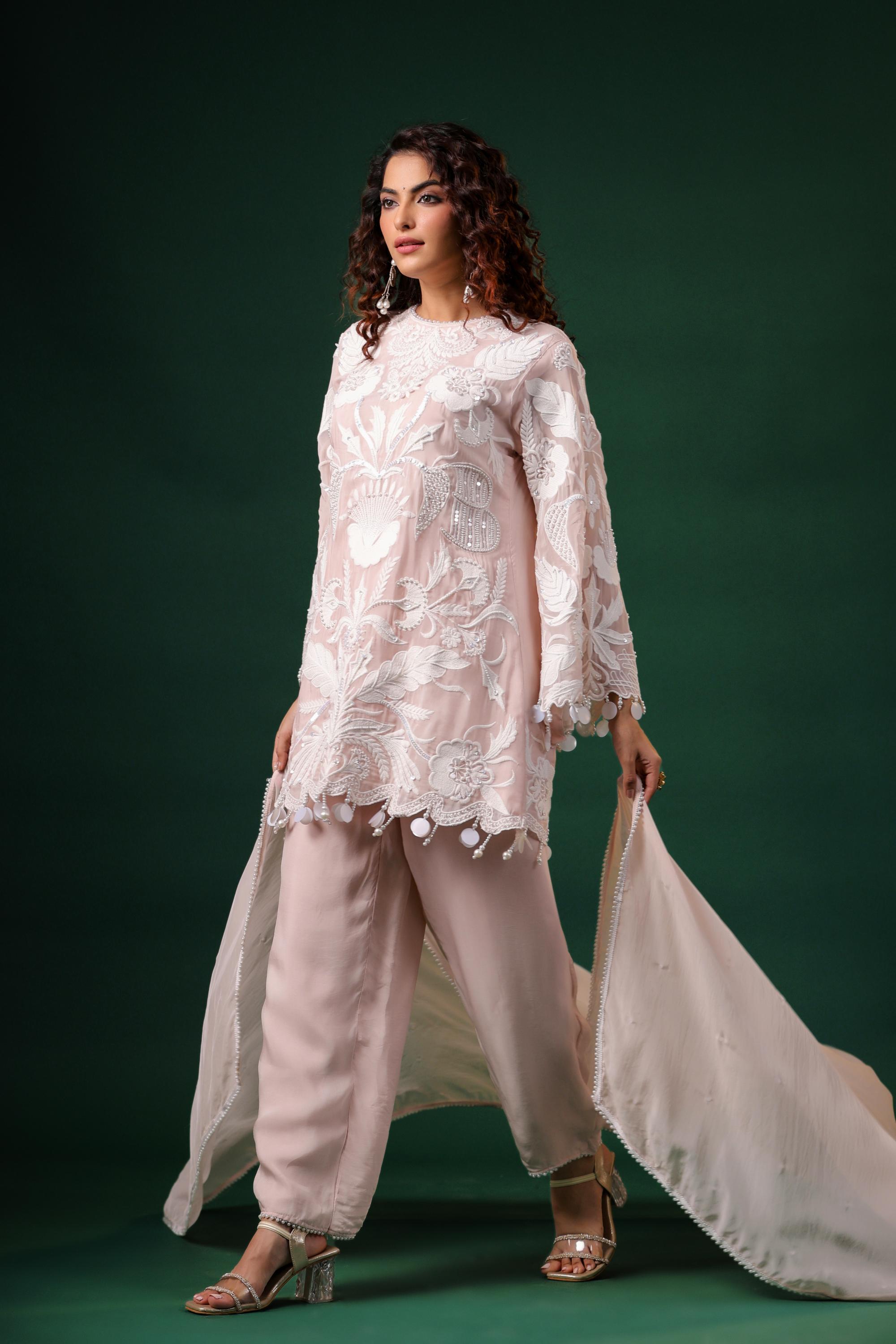 Pastel Pink Embroidered Premium Organza Silk Pants Set
