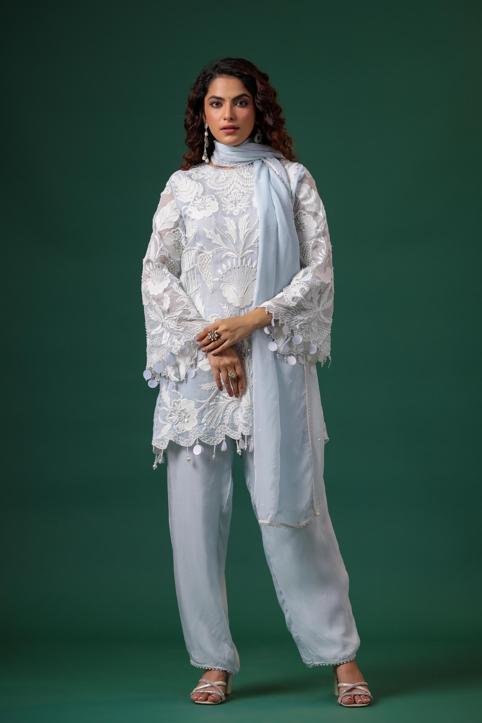 Pastel Blue Embroidered Premium Organza Silk Pants Set
