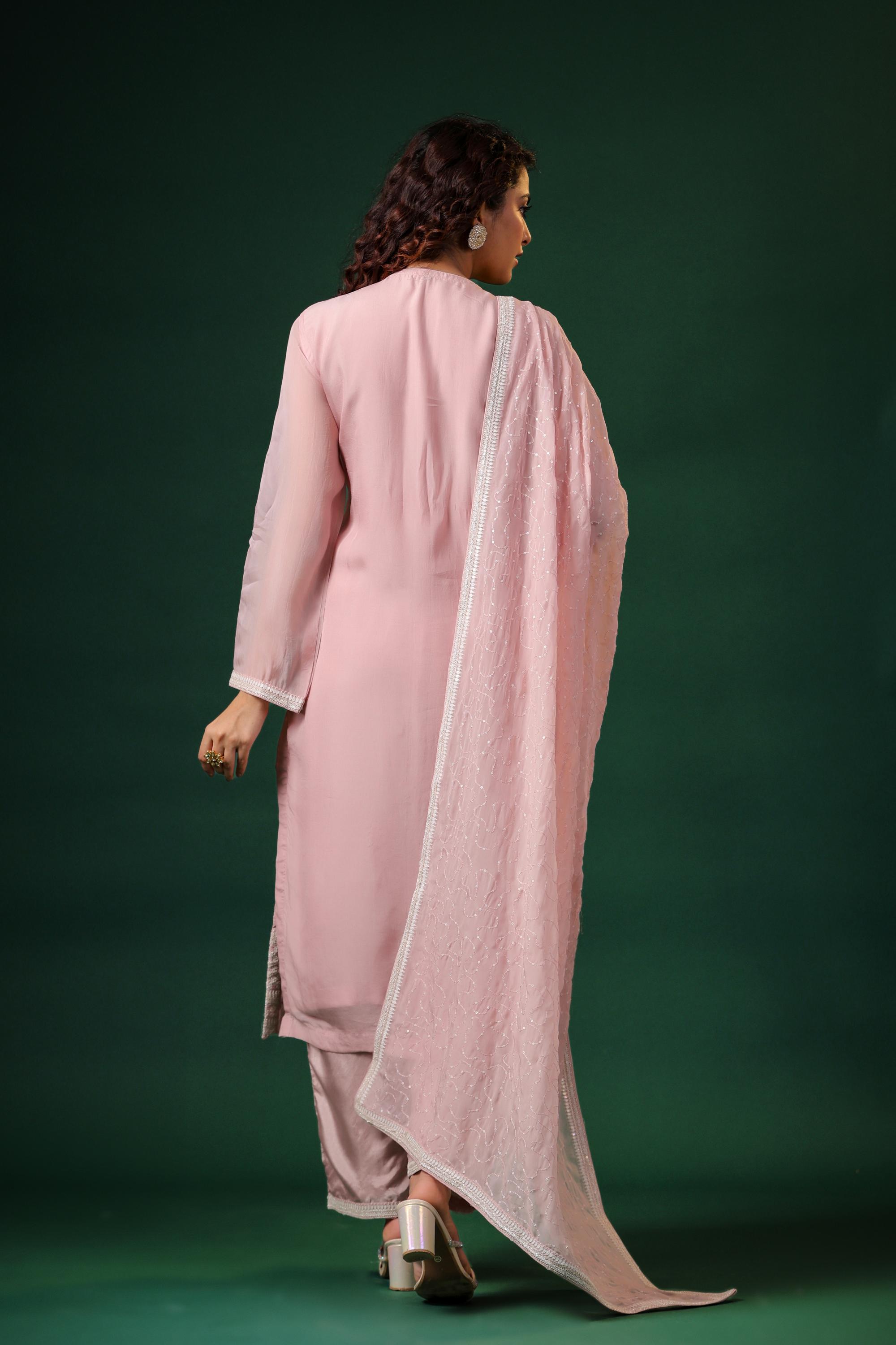 Pastel Pink Embellished Premium Organza Silk Pants Set