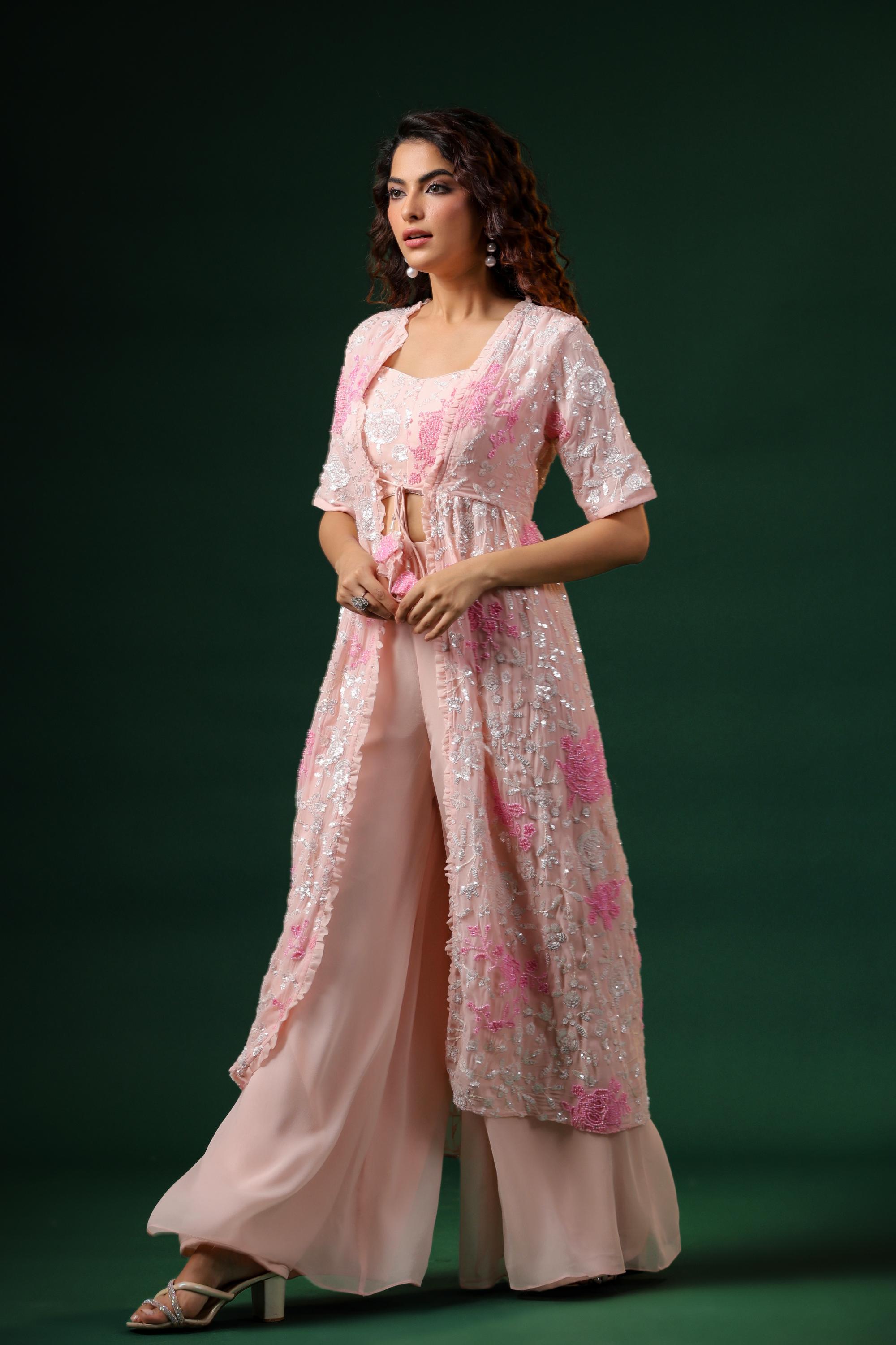 Pastel Pink Embroidered Swiss Georgette Silk Cape Set