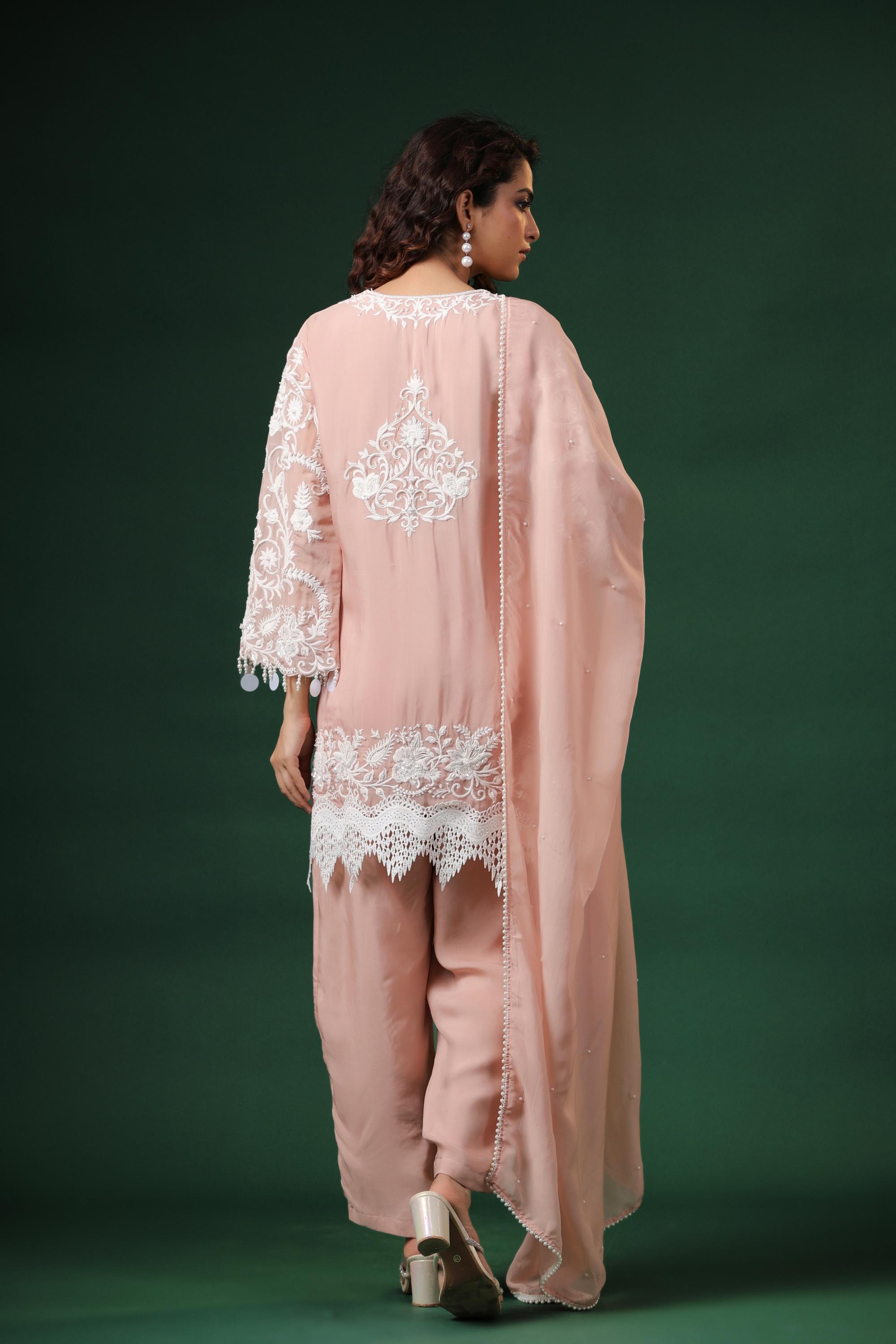 Pink Nude Embroidered Premium Organza Silk Pants Set