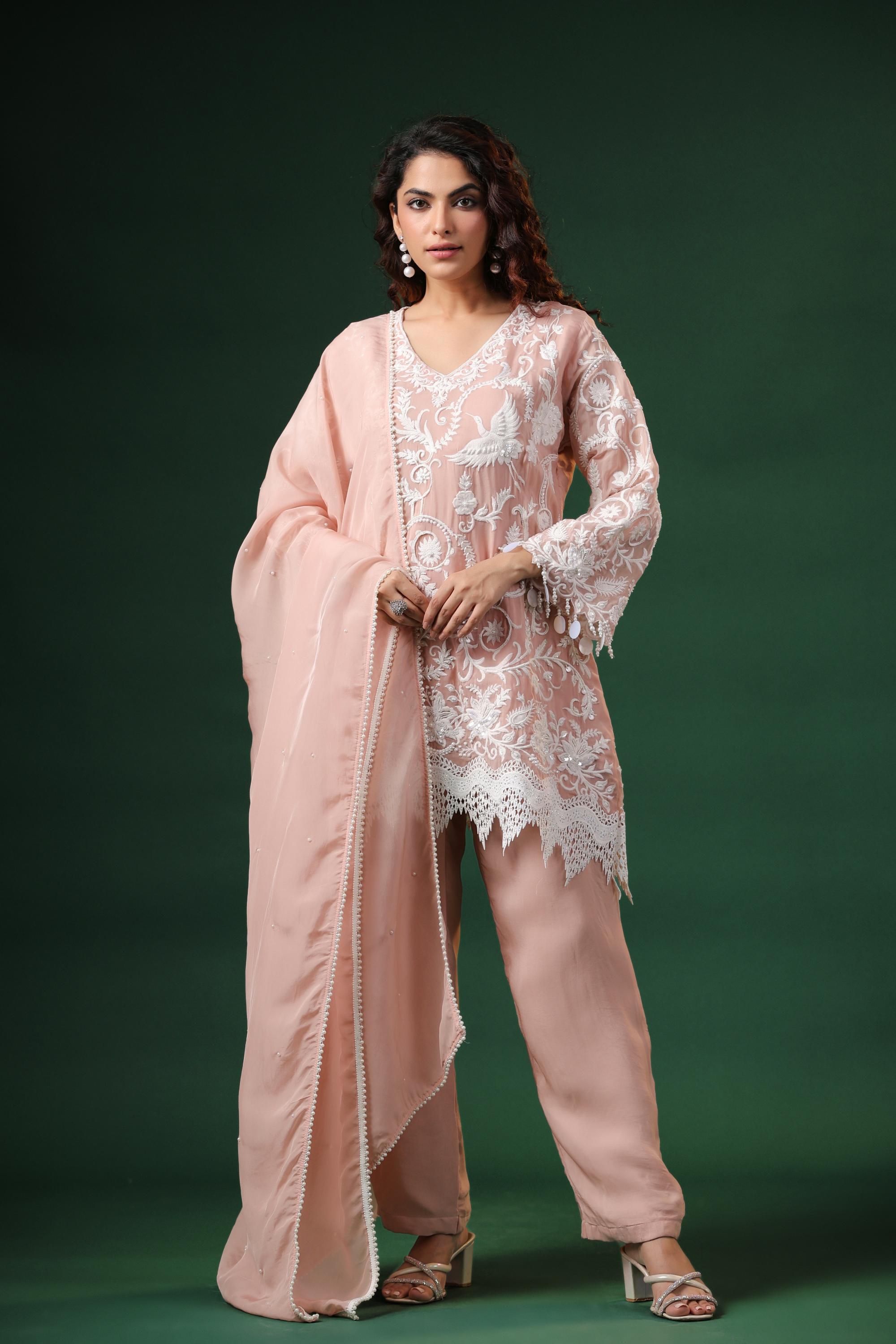 Pink Nude Embroidered Premium Organza Silk Pants Set