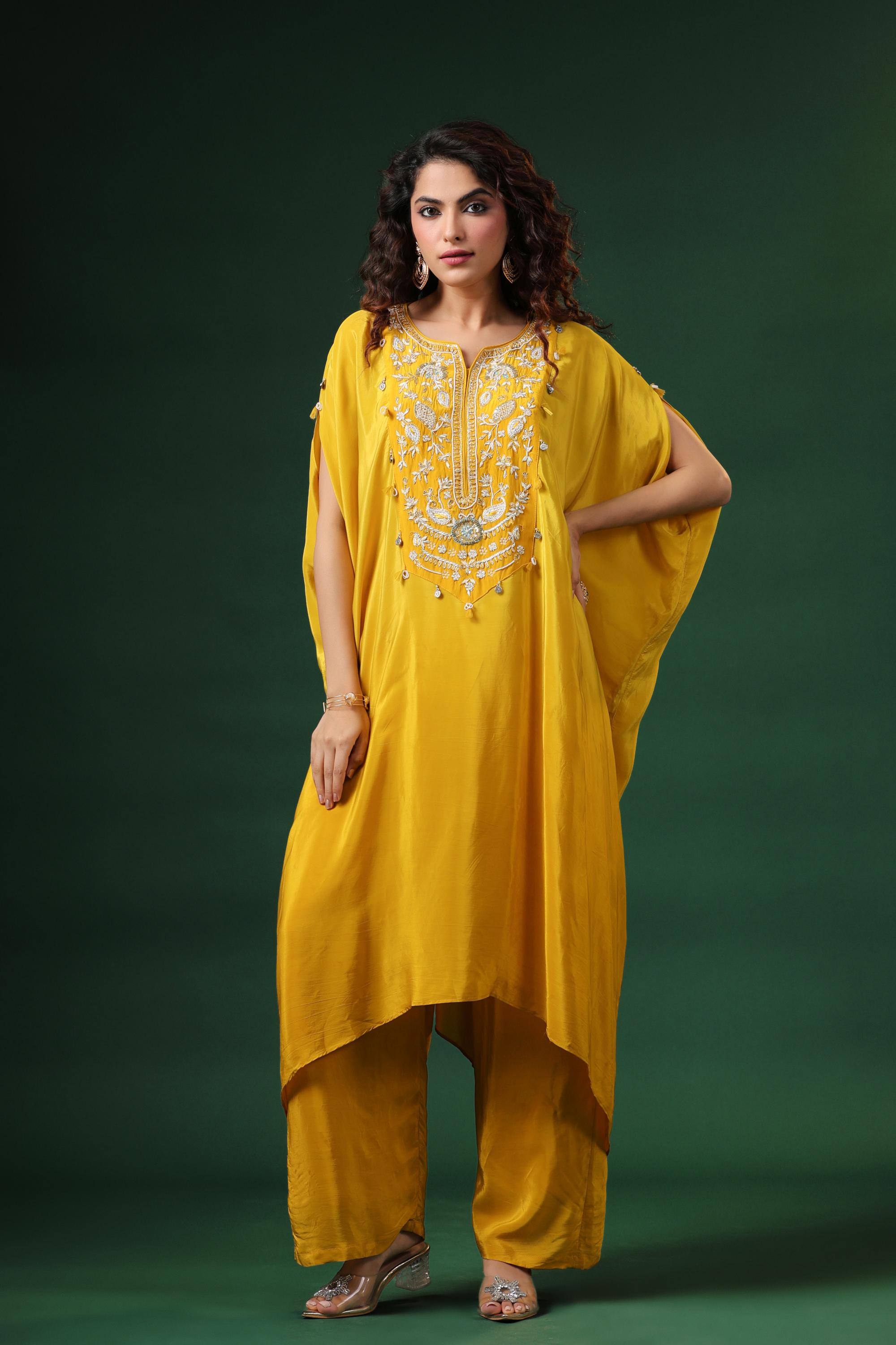 Bright Yellow Embellished Spanish Silk Kaftan Set