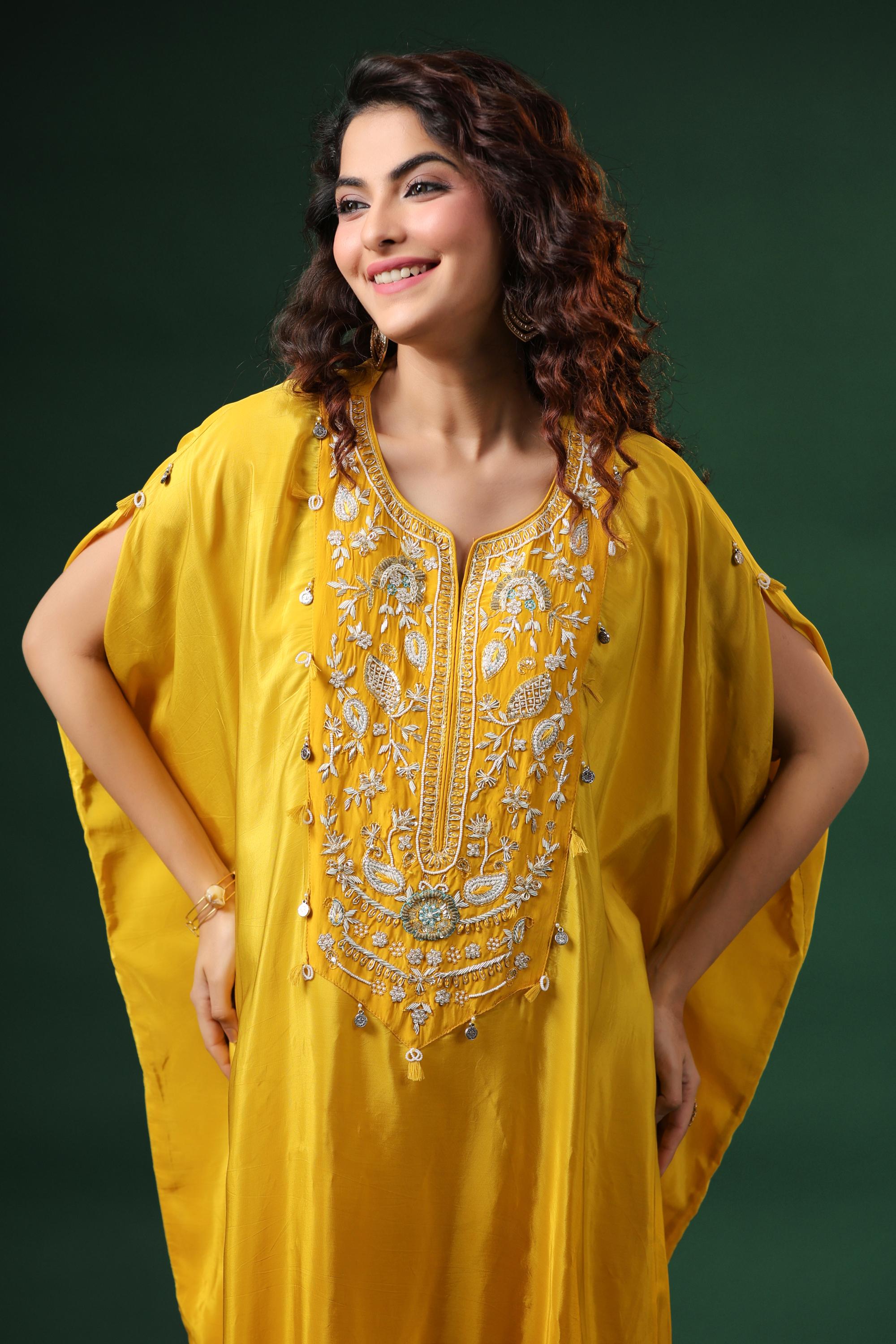 Bright Yellow Embellished Spanish Silk Kaftan Set