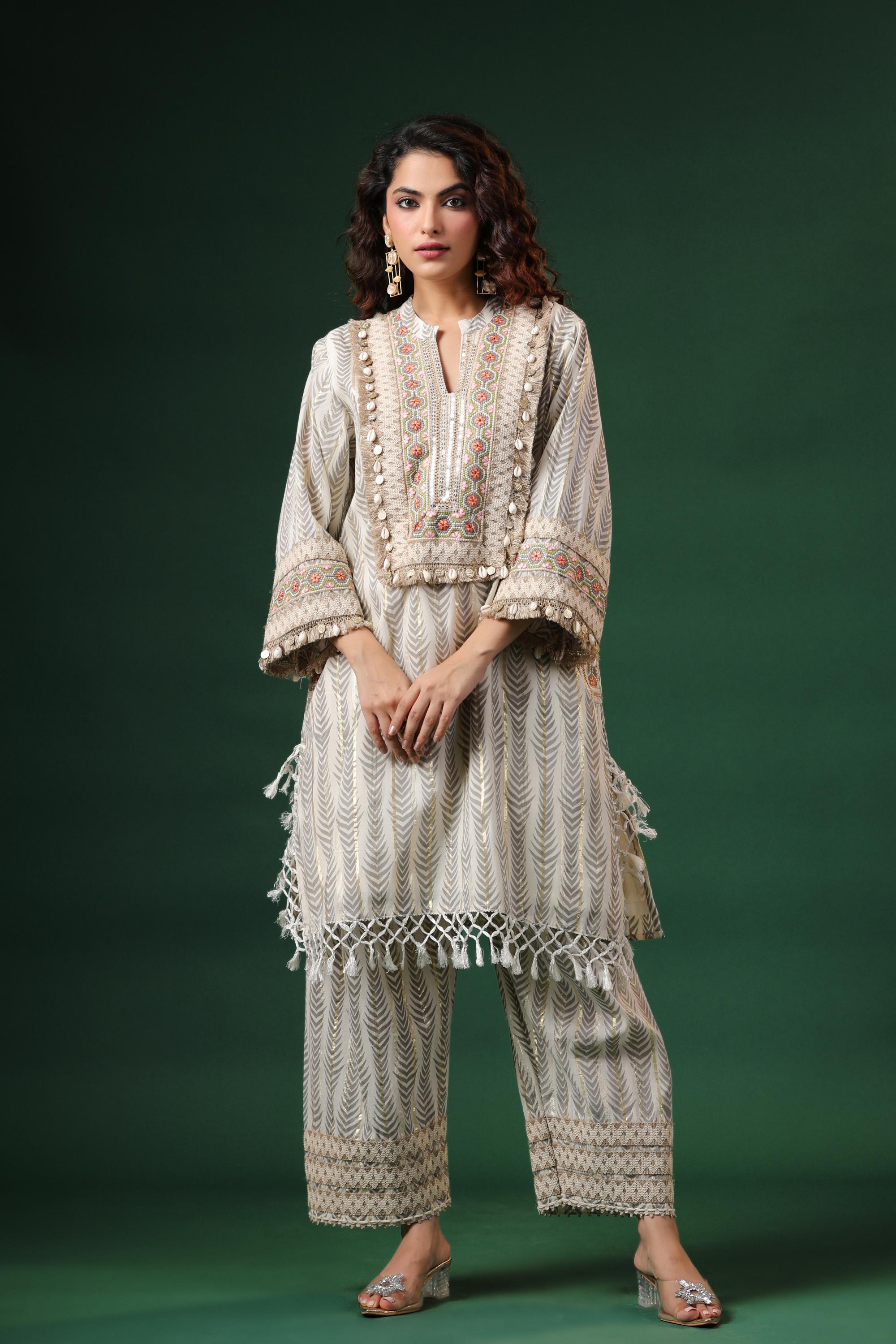 Pastel Cream Embroidered Cotton Silk Co-Ord Set