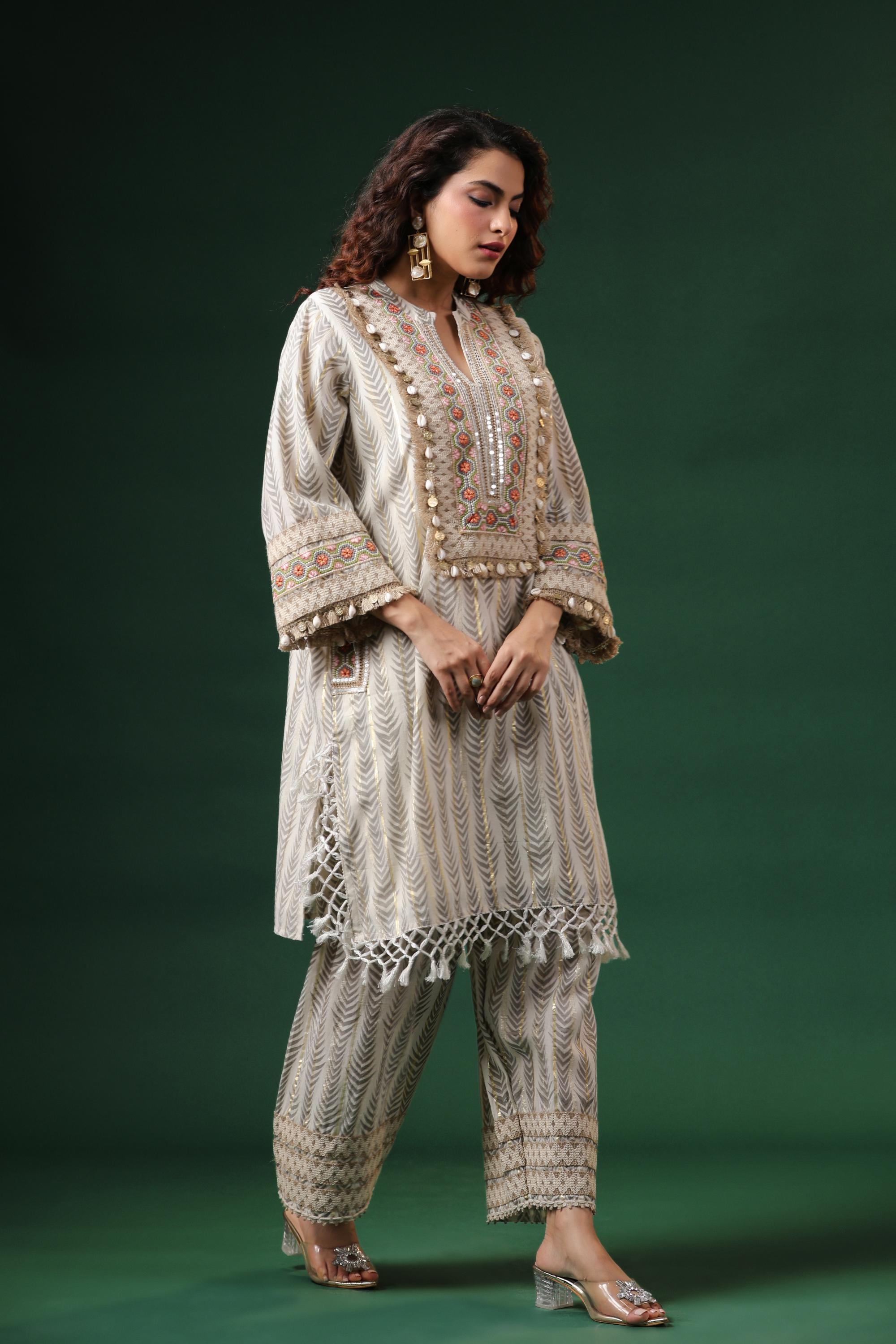 Pastel Cream Embroidered Cotton Silk Co-Ord Set