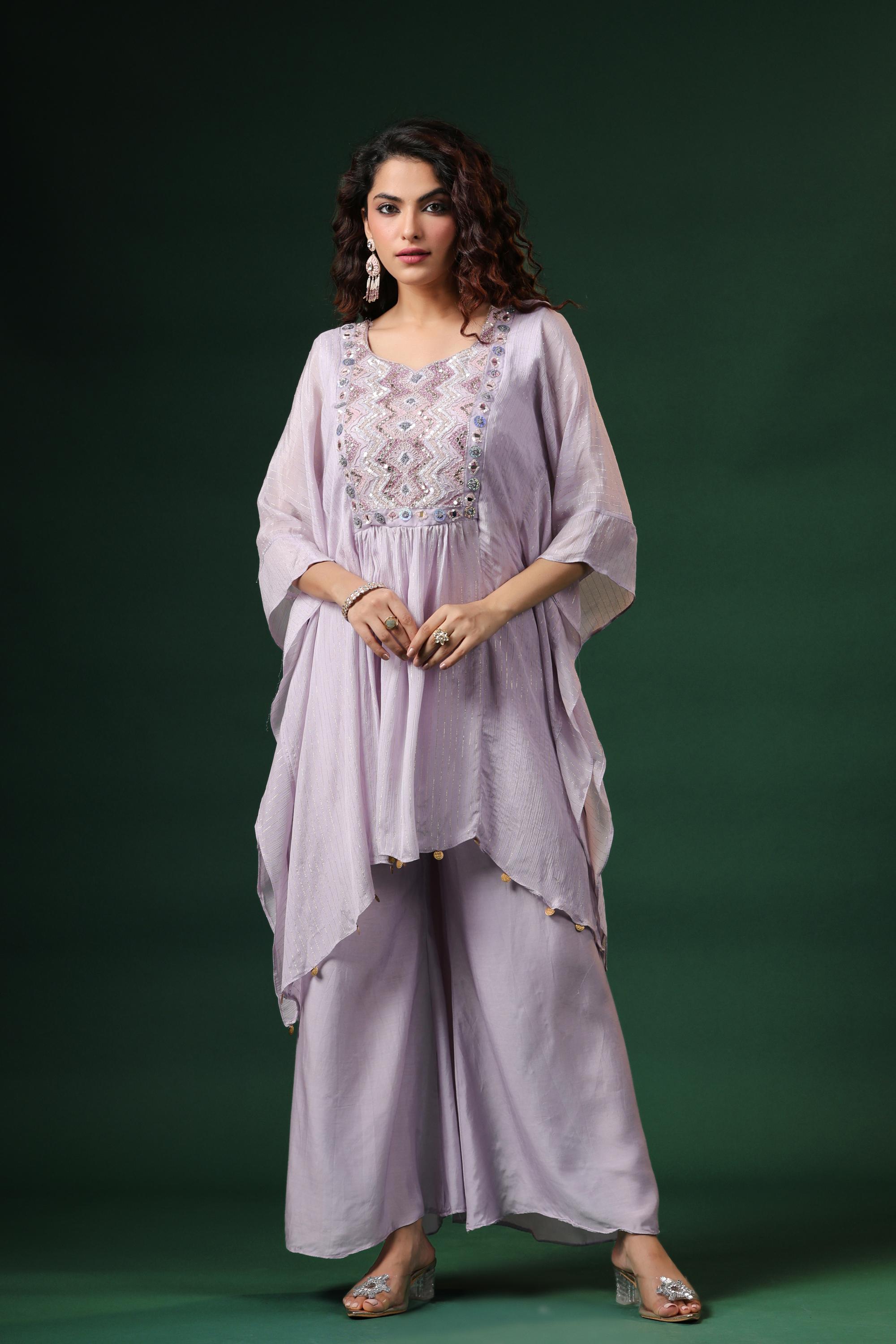 Light Violet Embellished Premium Chinon Silk Kaftan Set
