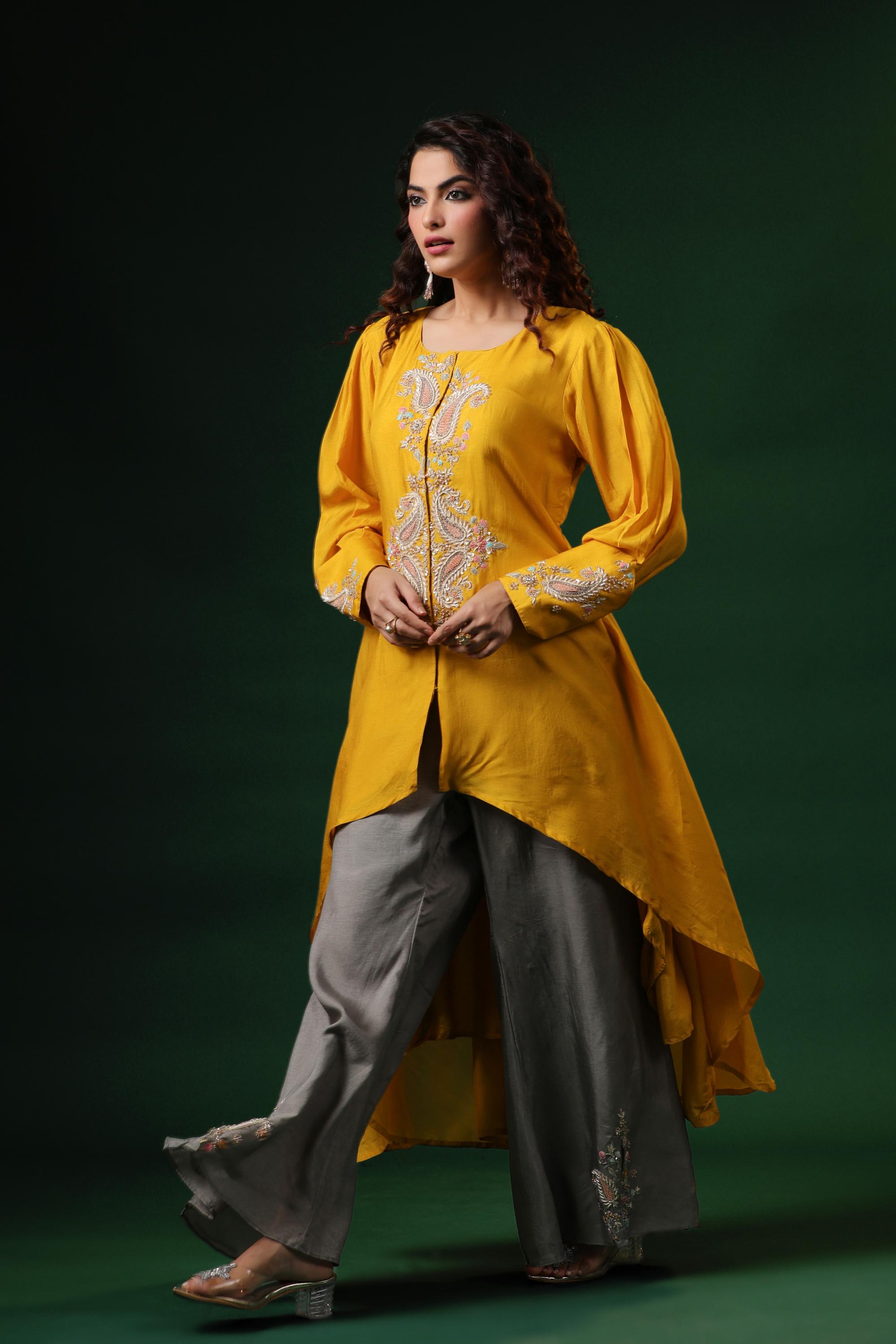 Golden Yellow Embellished Premium Silk Palazzo Set