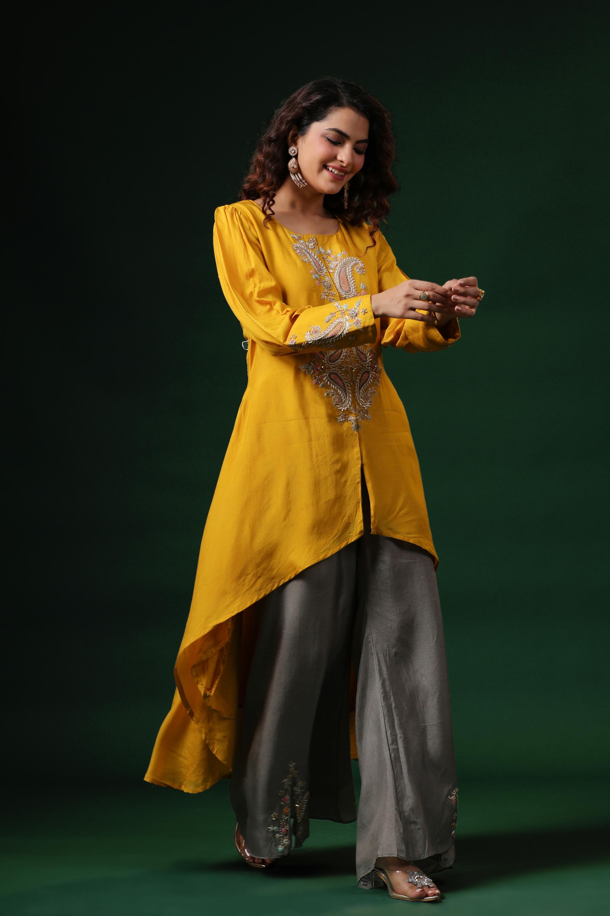 Golden Yellow Embellished Premium Silk Palazzo Set