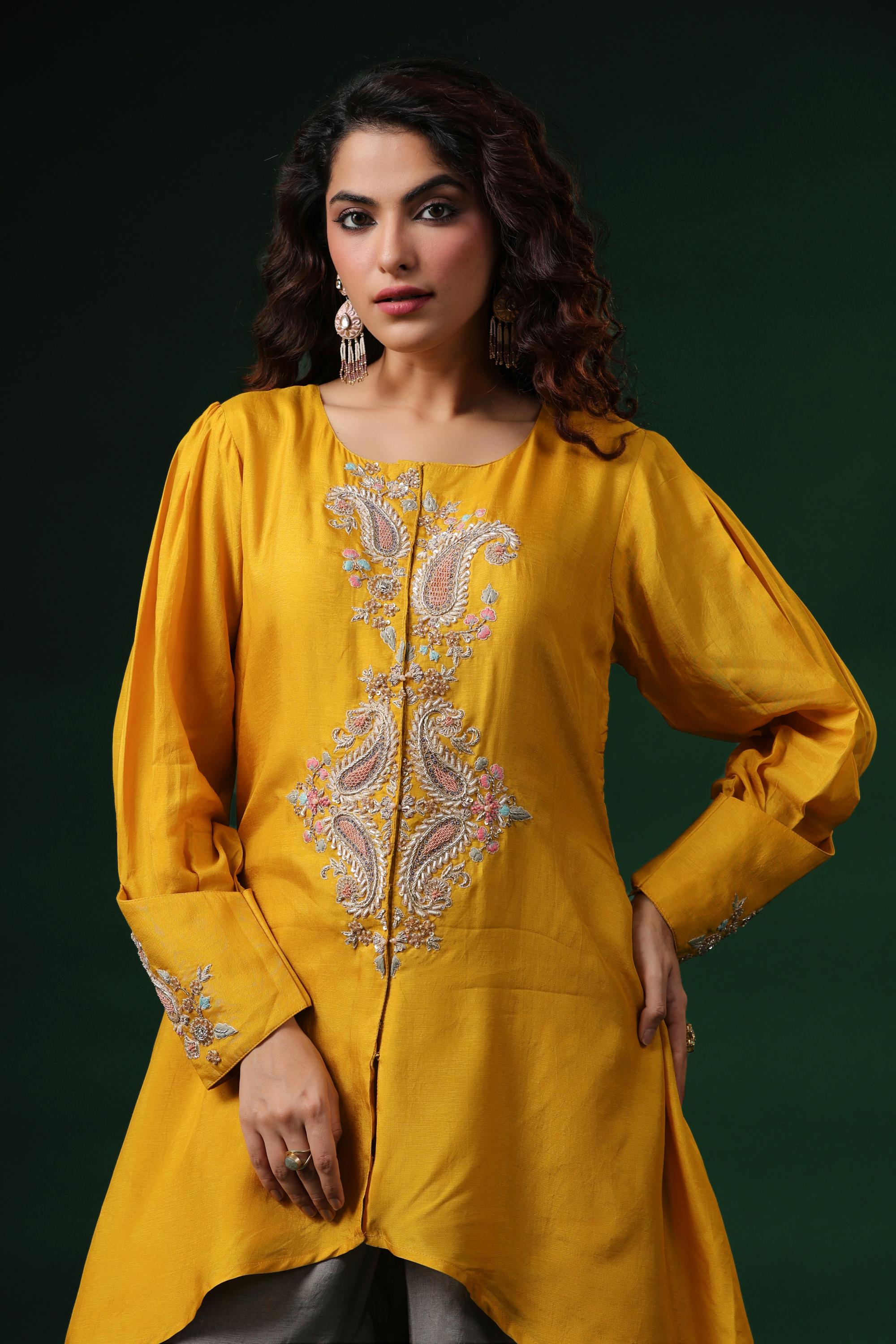 Golden Yellow Embellished Premium Silk Palazzo Set