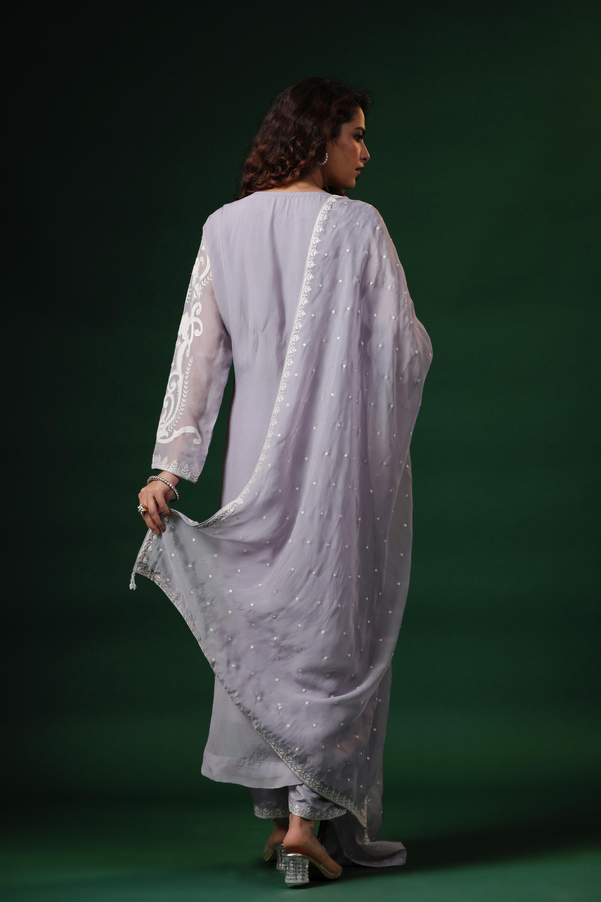 Pastel Mauve Embroidered Premium Organza Silk Pants Set