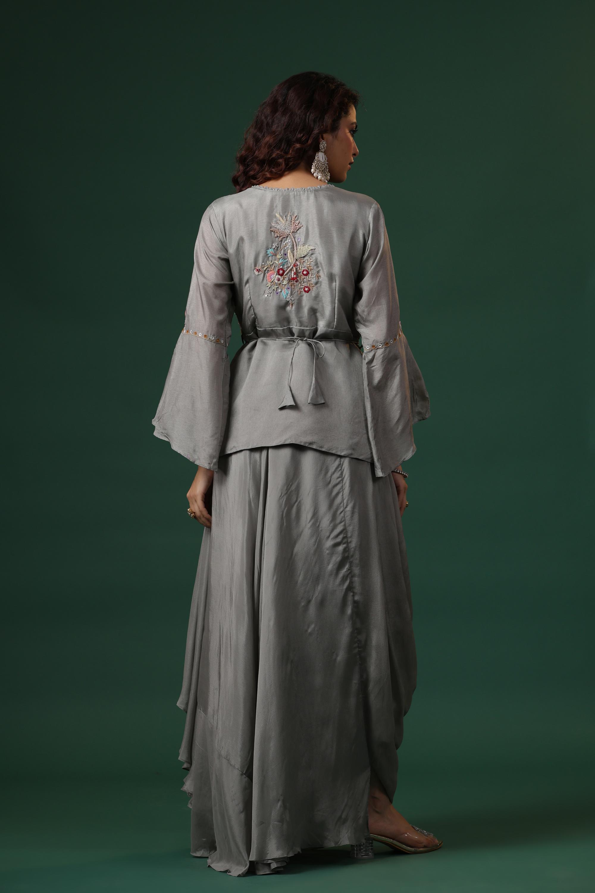 Slate Grey Embroidered Italian Silk Skirt Set