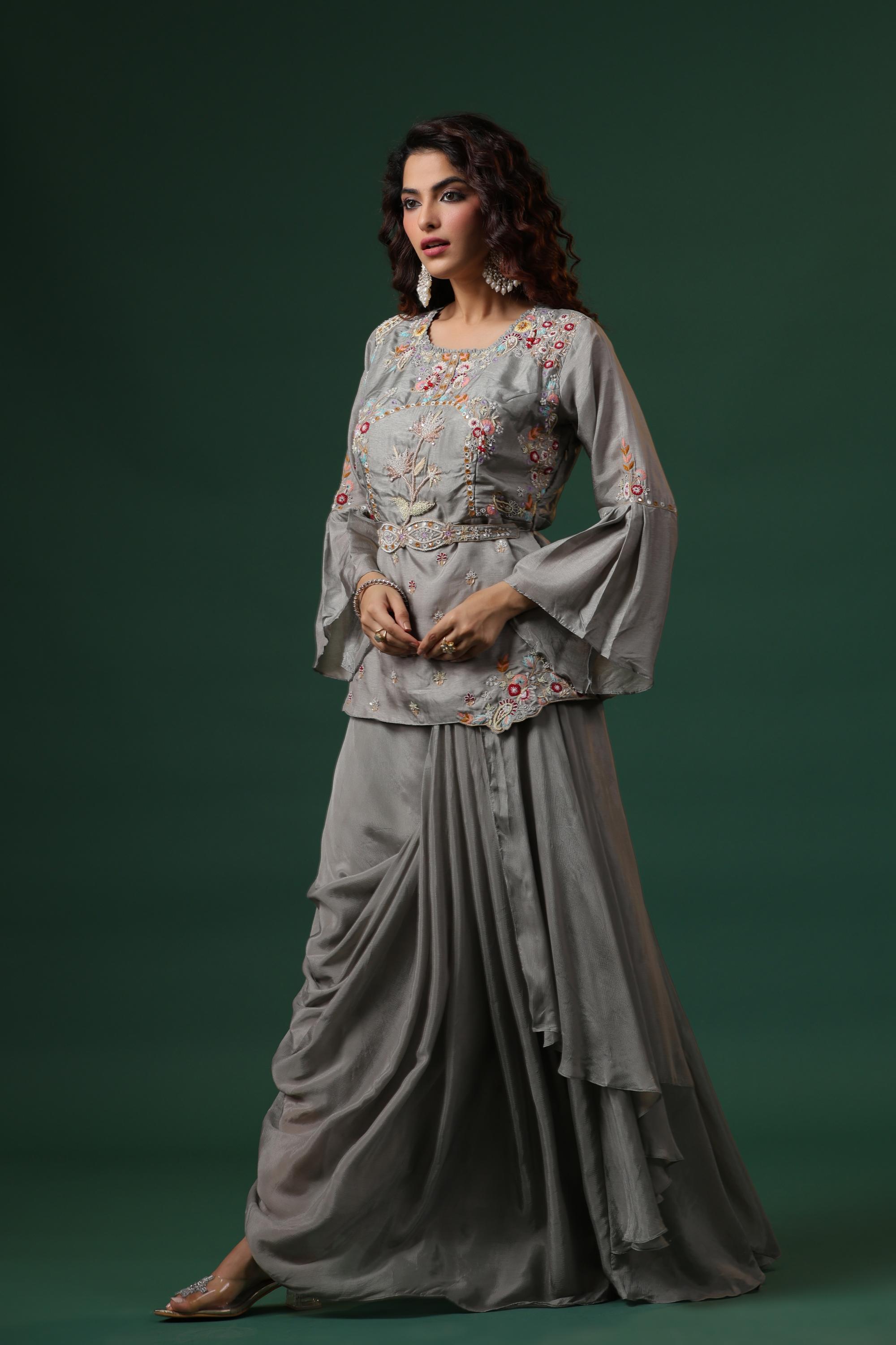 Slate Grey Embroidered Italian Silk Skirt Set