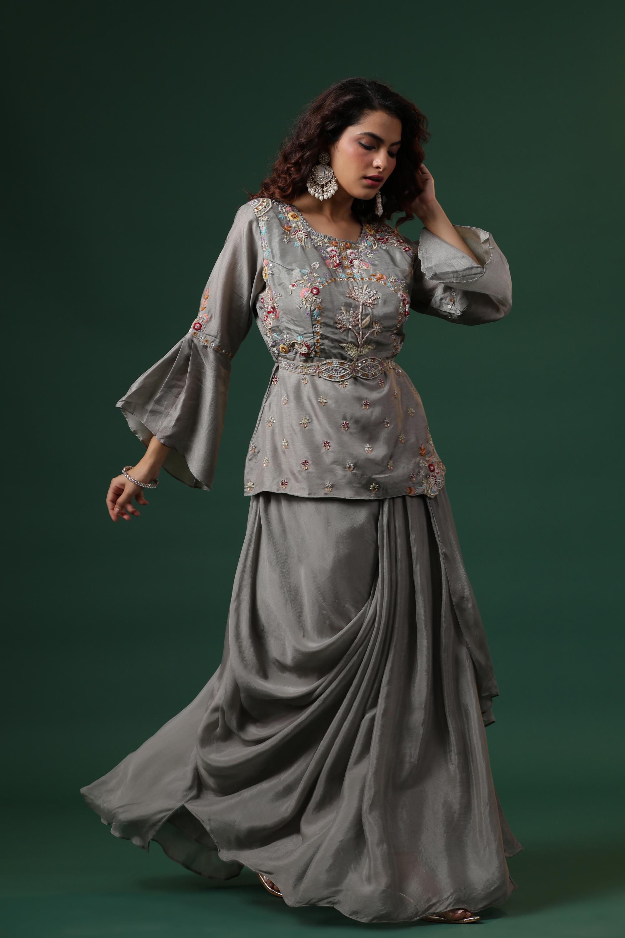 Slate Grey Embroidered Italian Silk Skirt Set