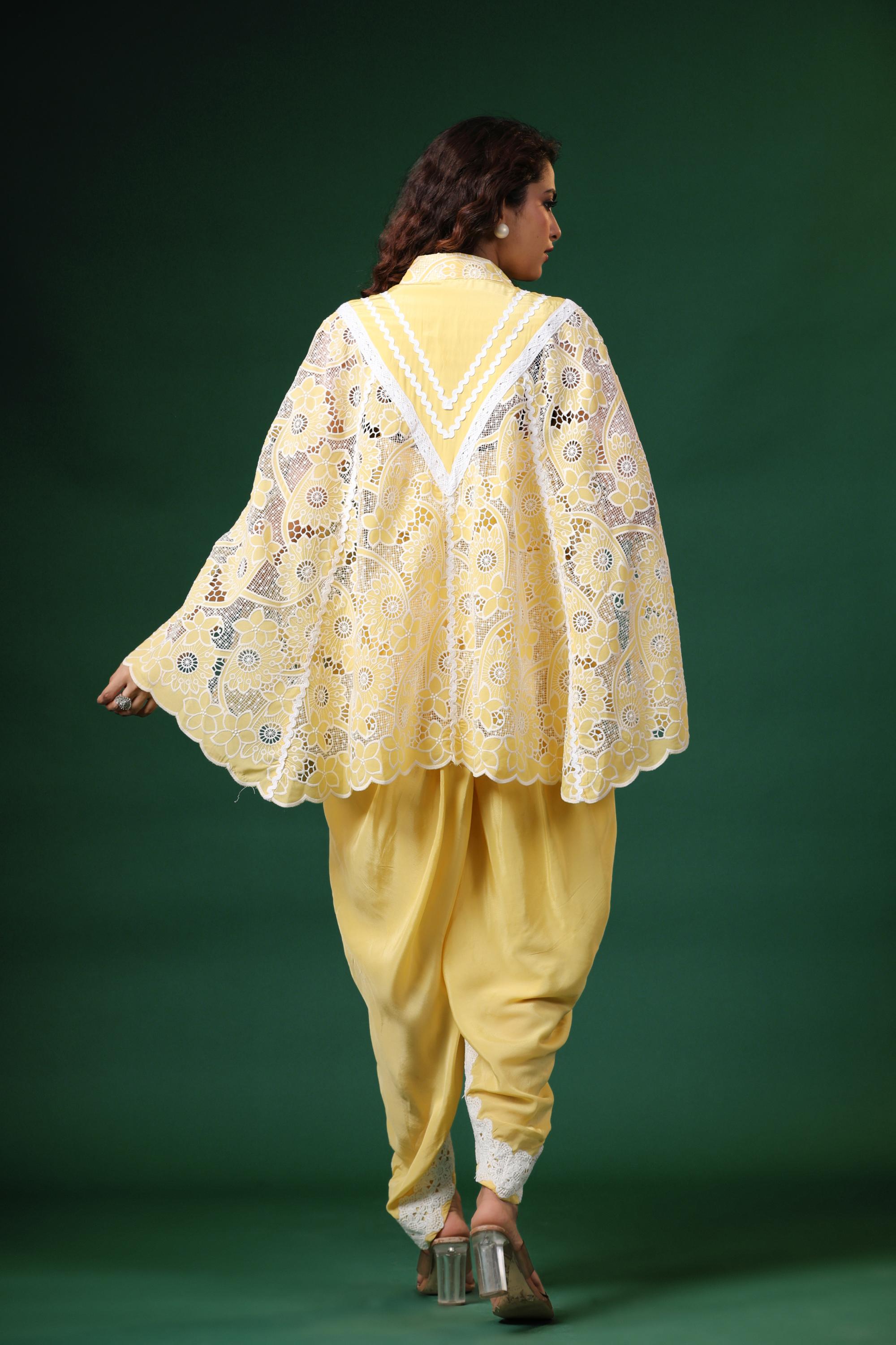 Yellow Embroidered Premium Georgette Silk Tunic & Dhoti Set
