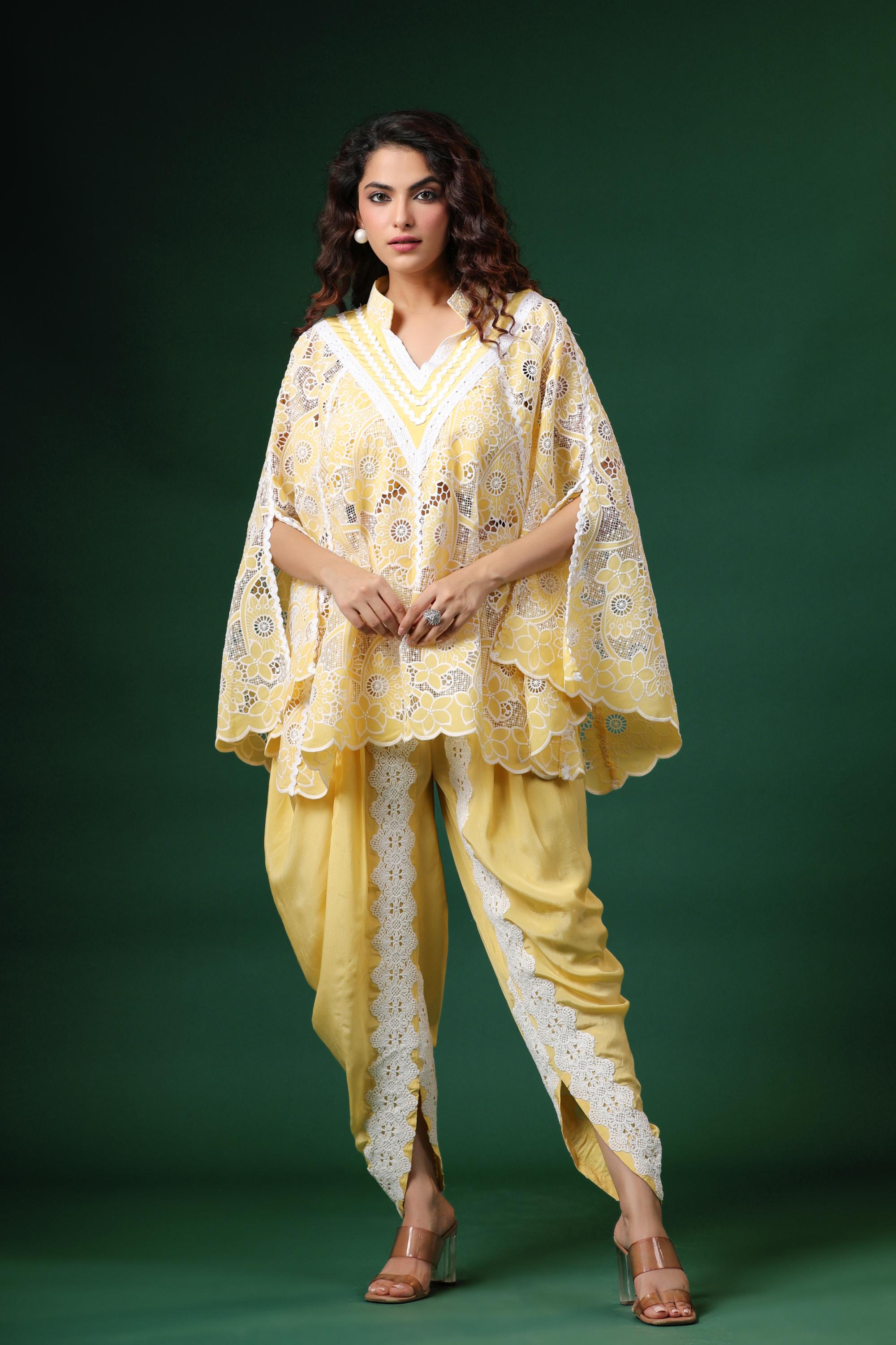 Yellow Embroidered Premium Georgette Silk Tunic & Dhoti Set