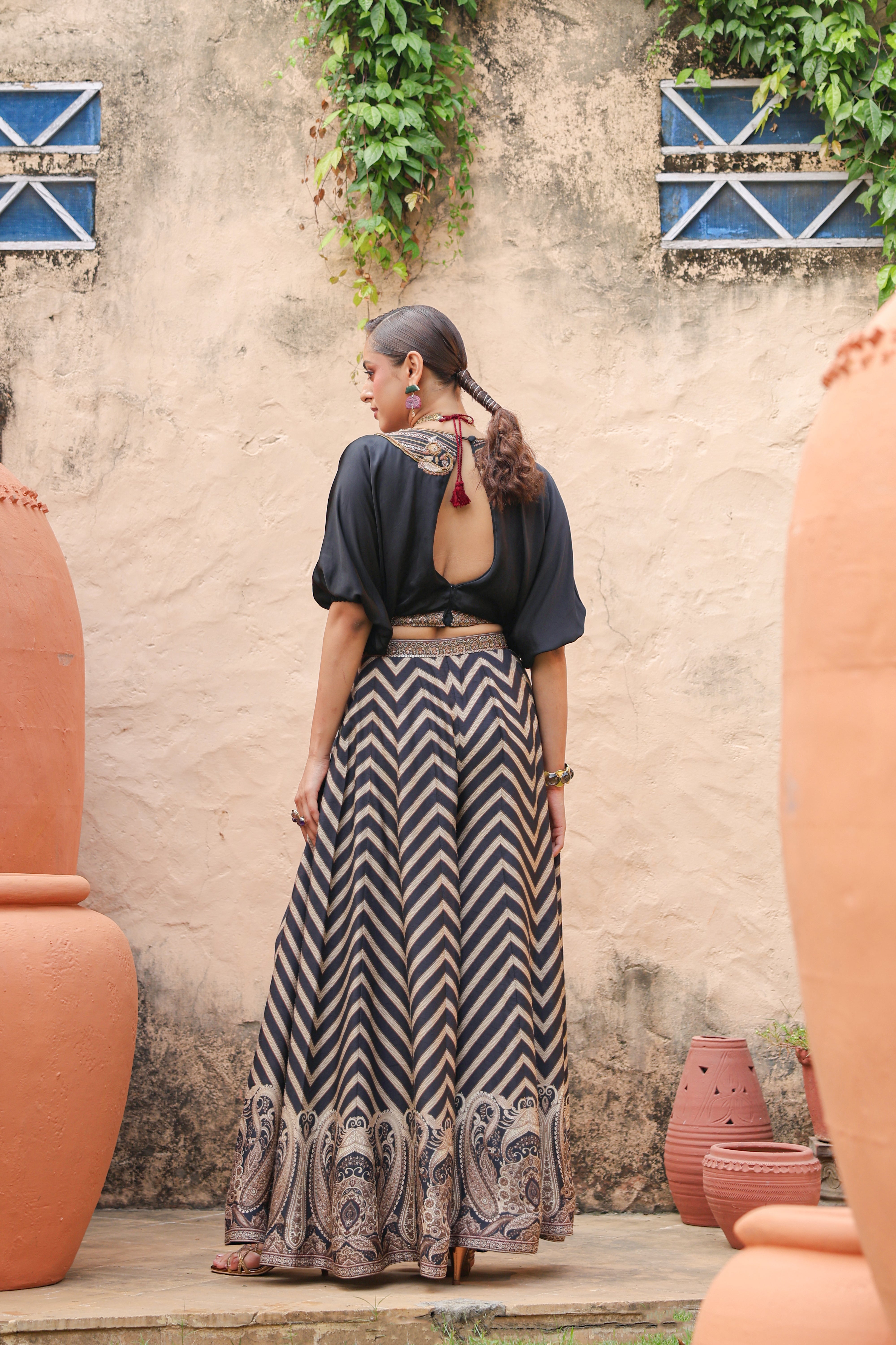 Obsidian Black Embellished Raw Silk Palazzo Set