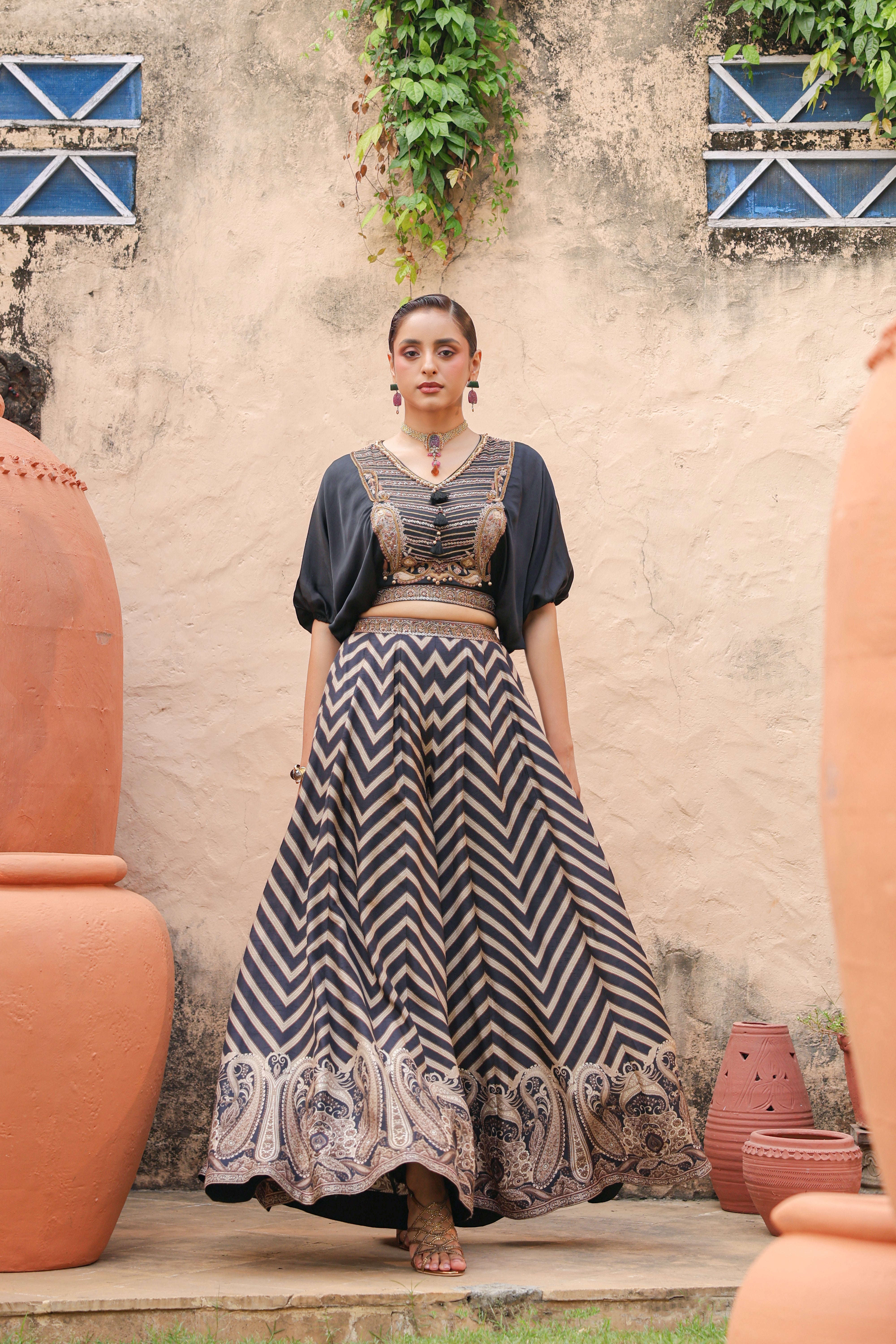 Obsidian Black Embellished Raw Silk Palazzo Set