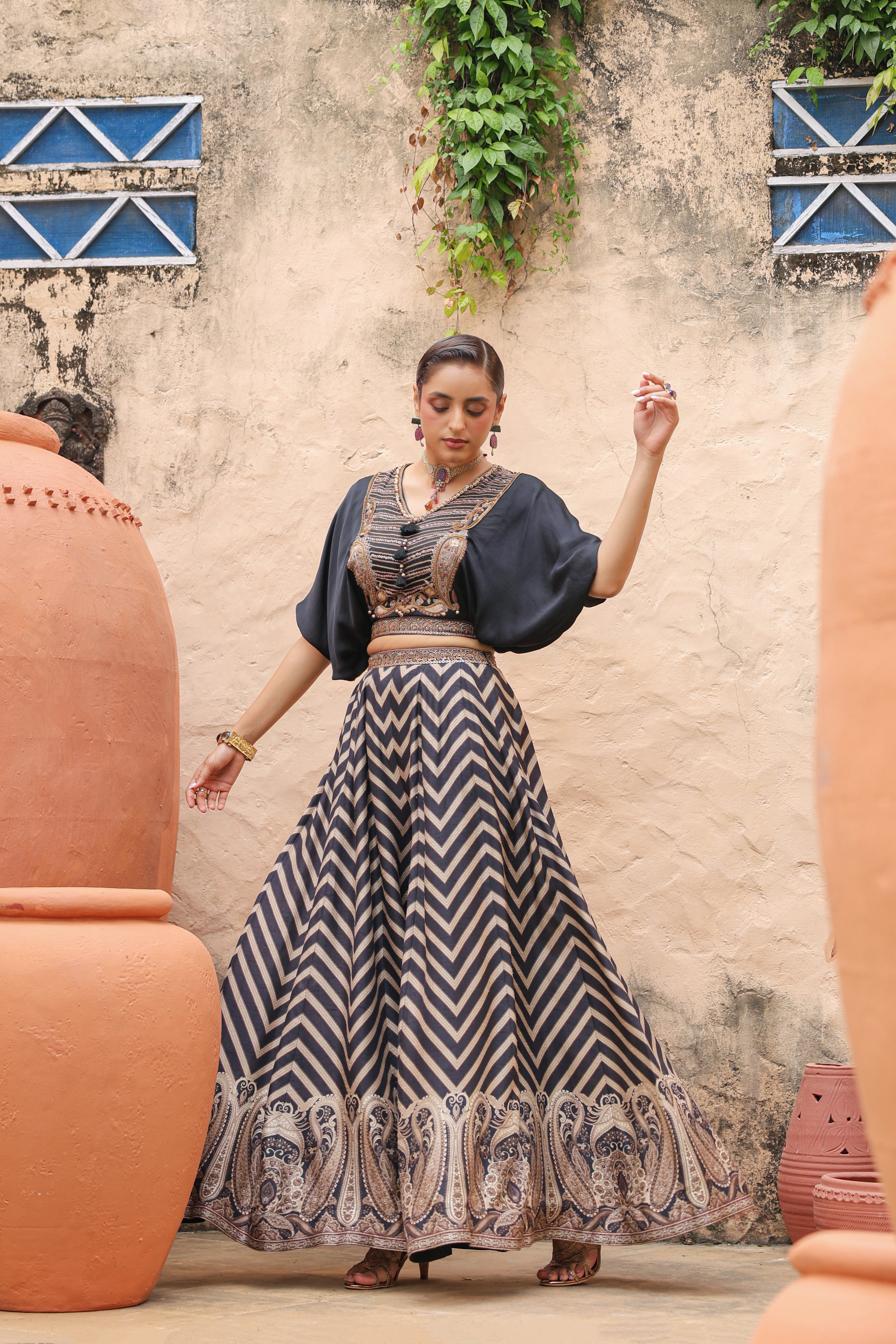 Obsidian Black Embellished Raw Silk Palazzo Set