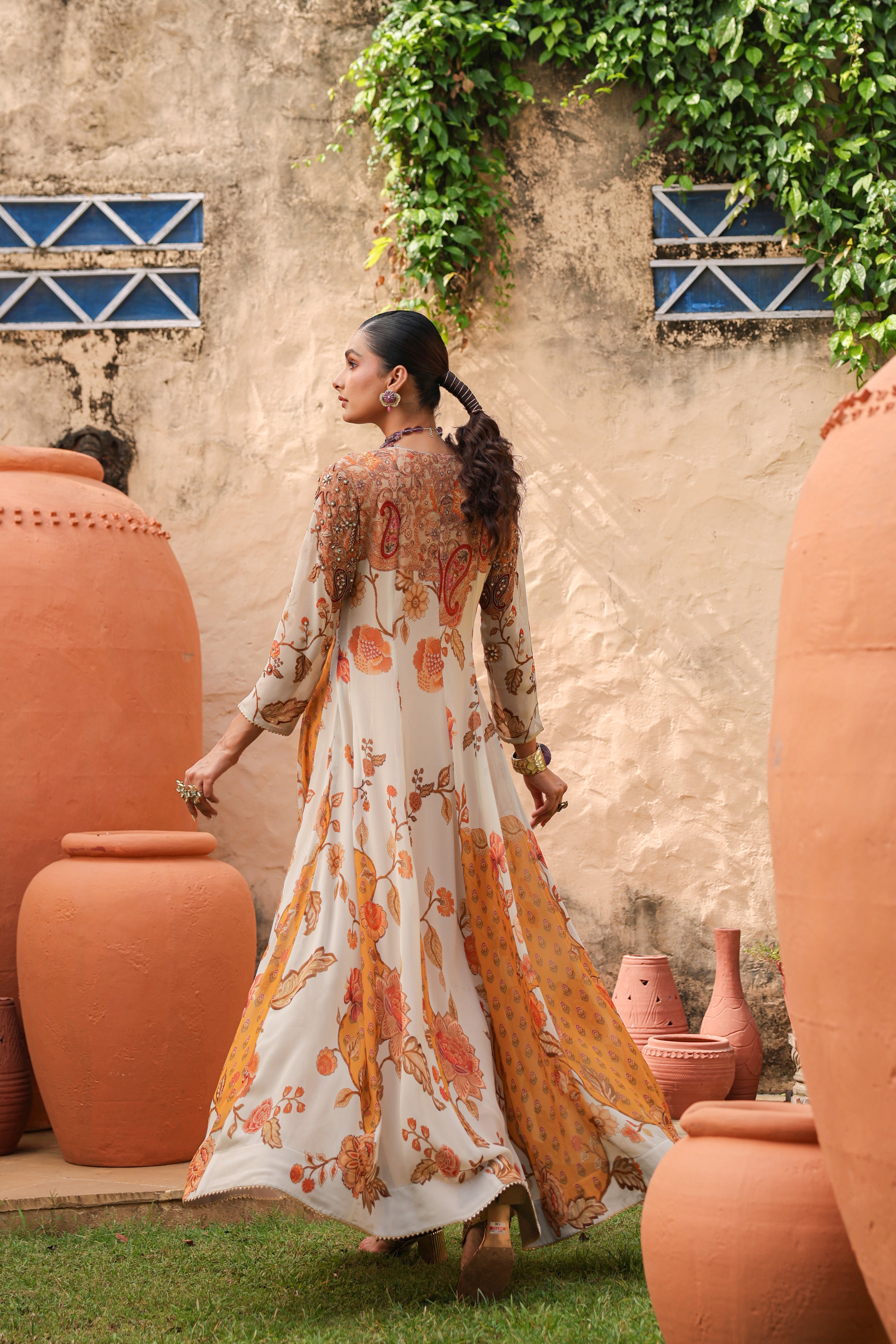 Ivory Amber Embellished Georgette Silk Anarkali Gown