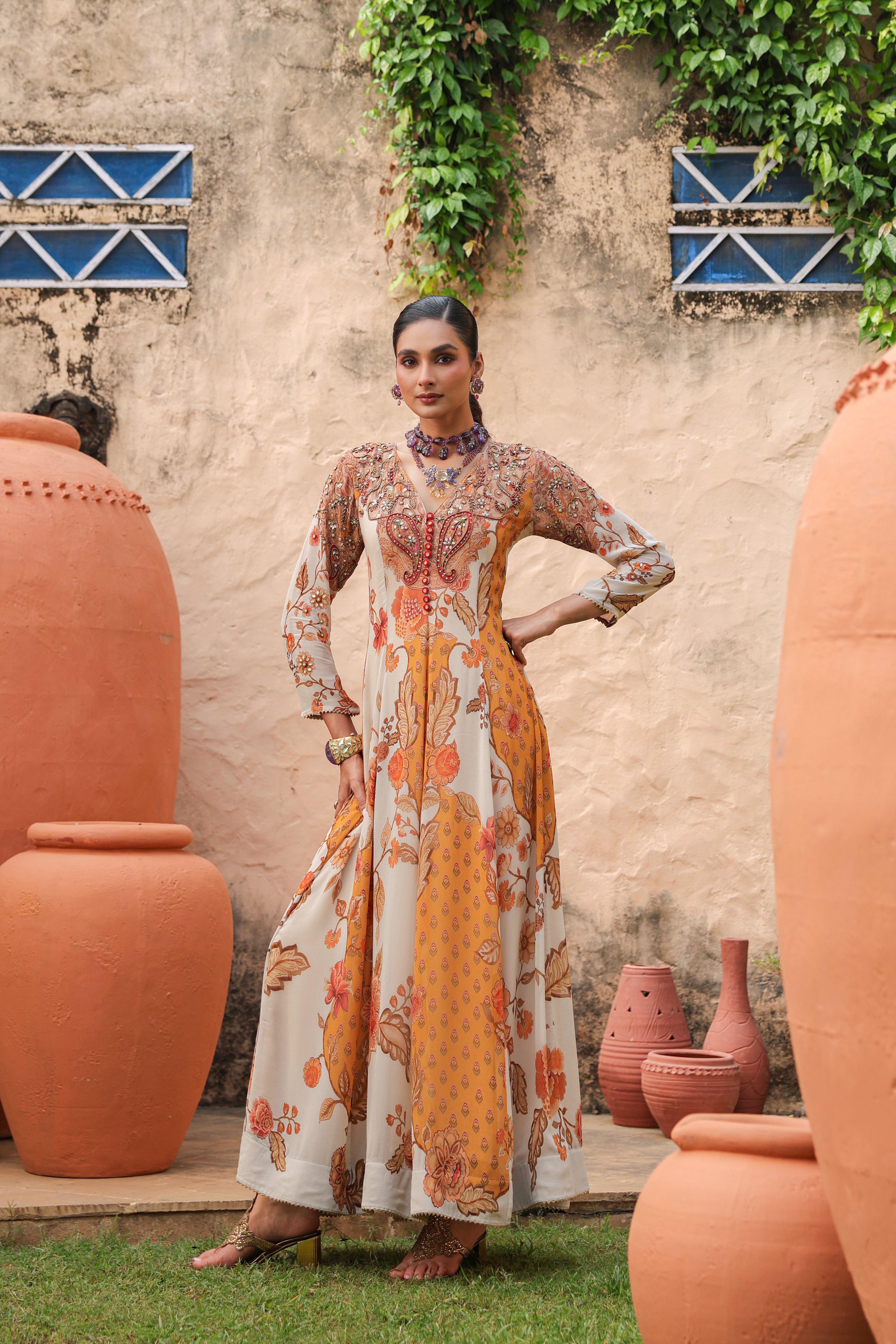 Ivory Amber Embellished Georgette Silk Anarkali Gown