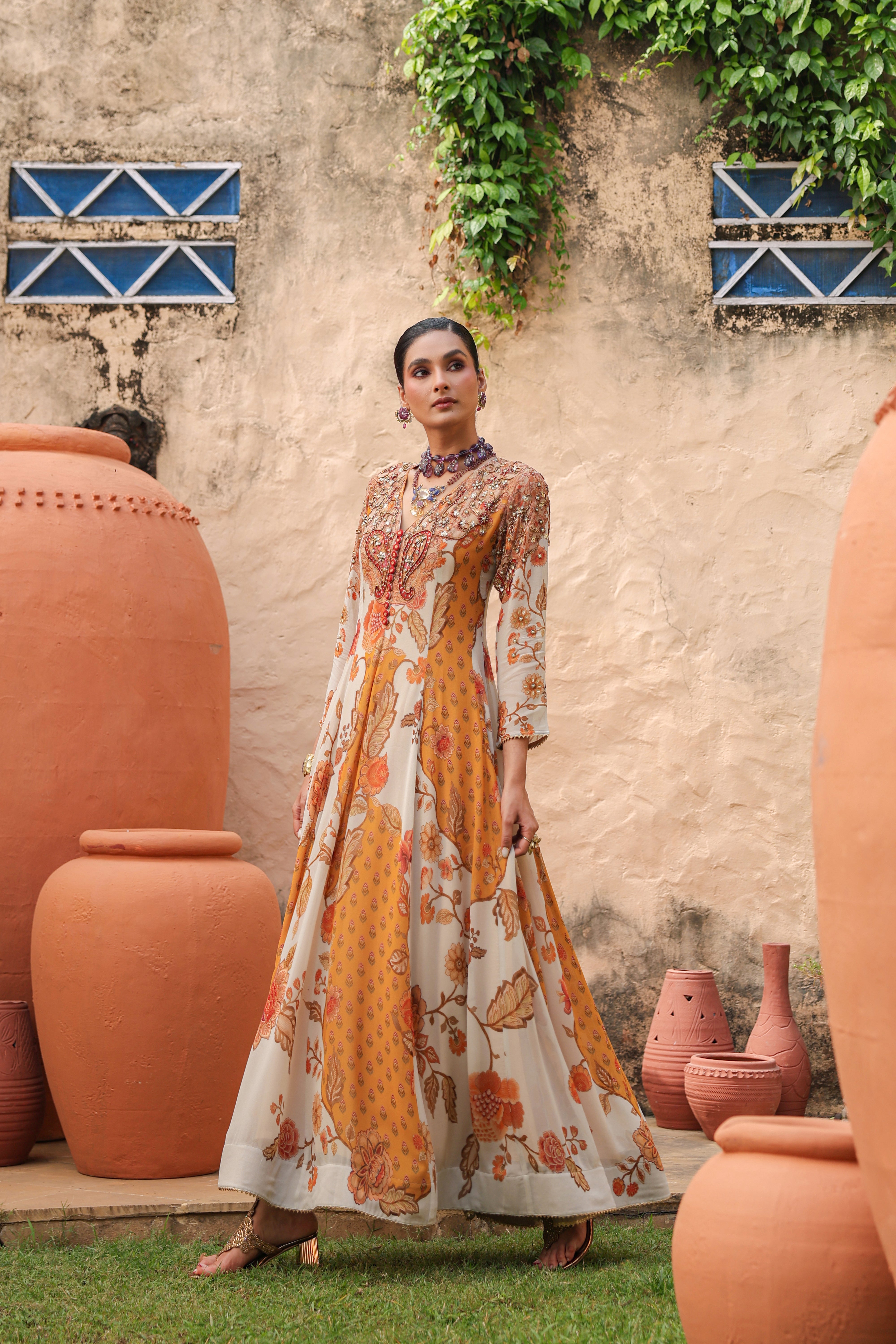 Ivory Amber Embellished Georgette Silk Anarkali Gown