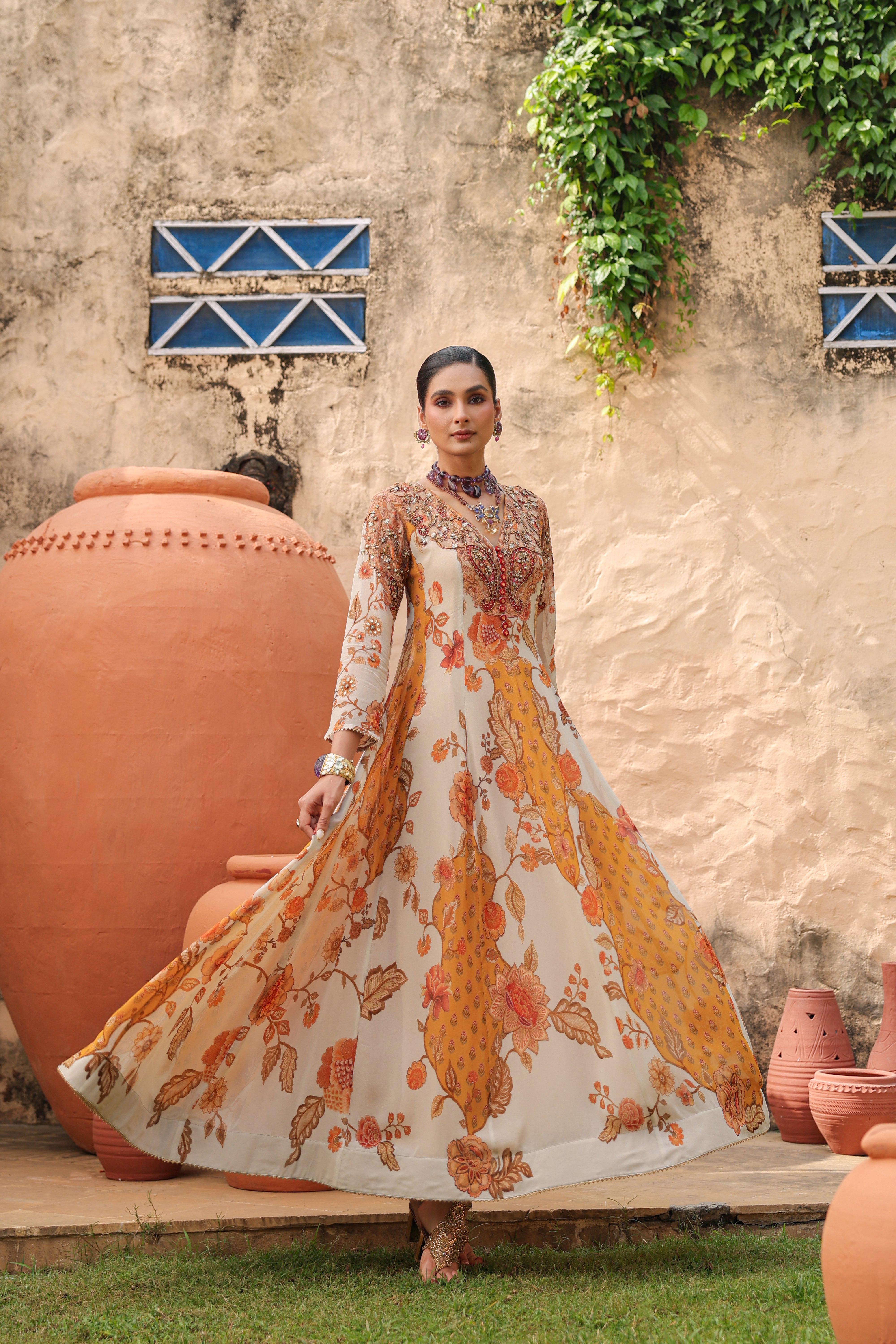 Ivory Amber Embellished Georgette Silk Anarkali Gown