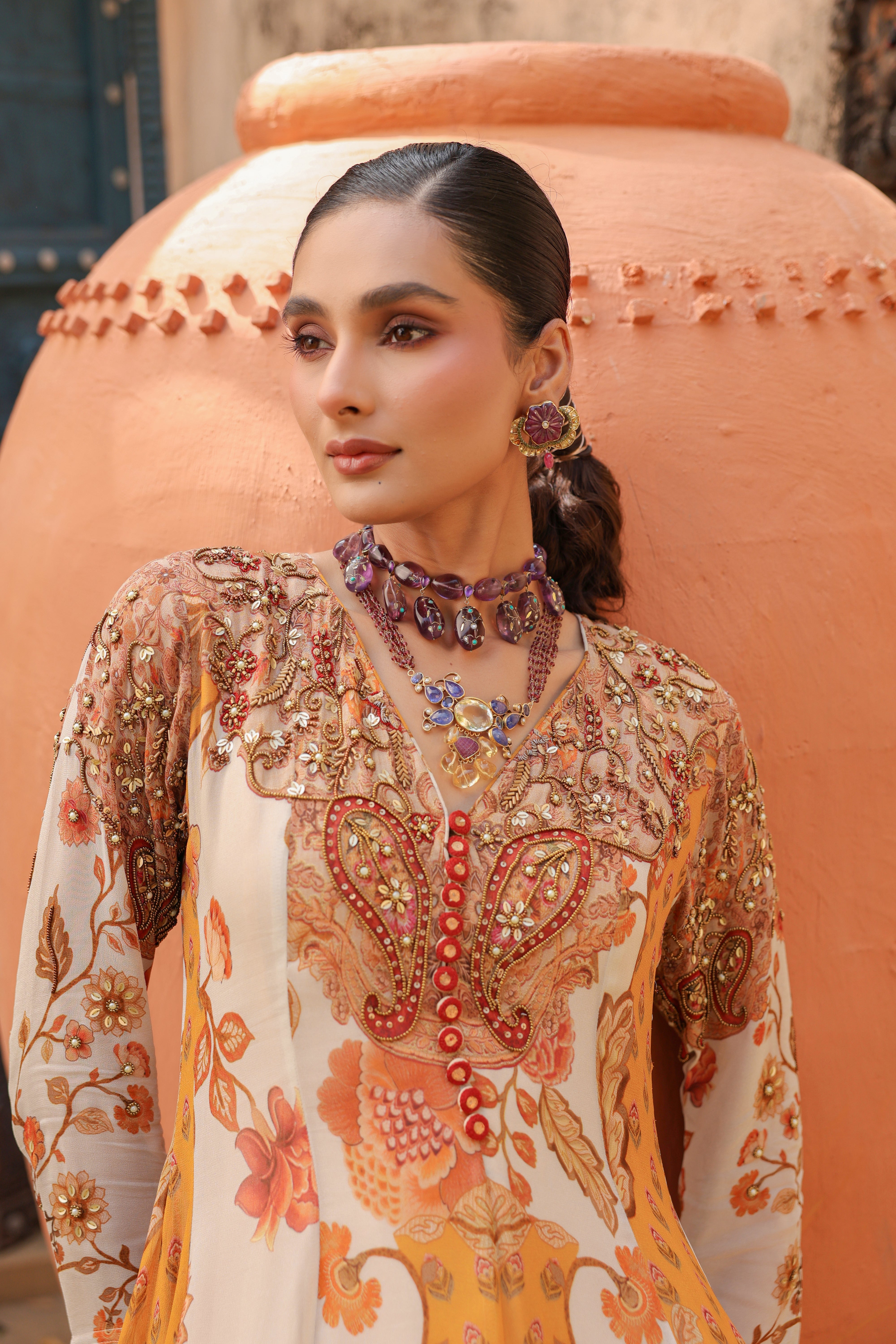 Ivory Amber Embellished Georgette Silk Anarkali Gown