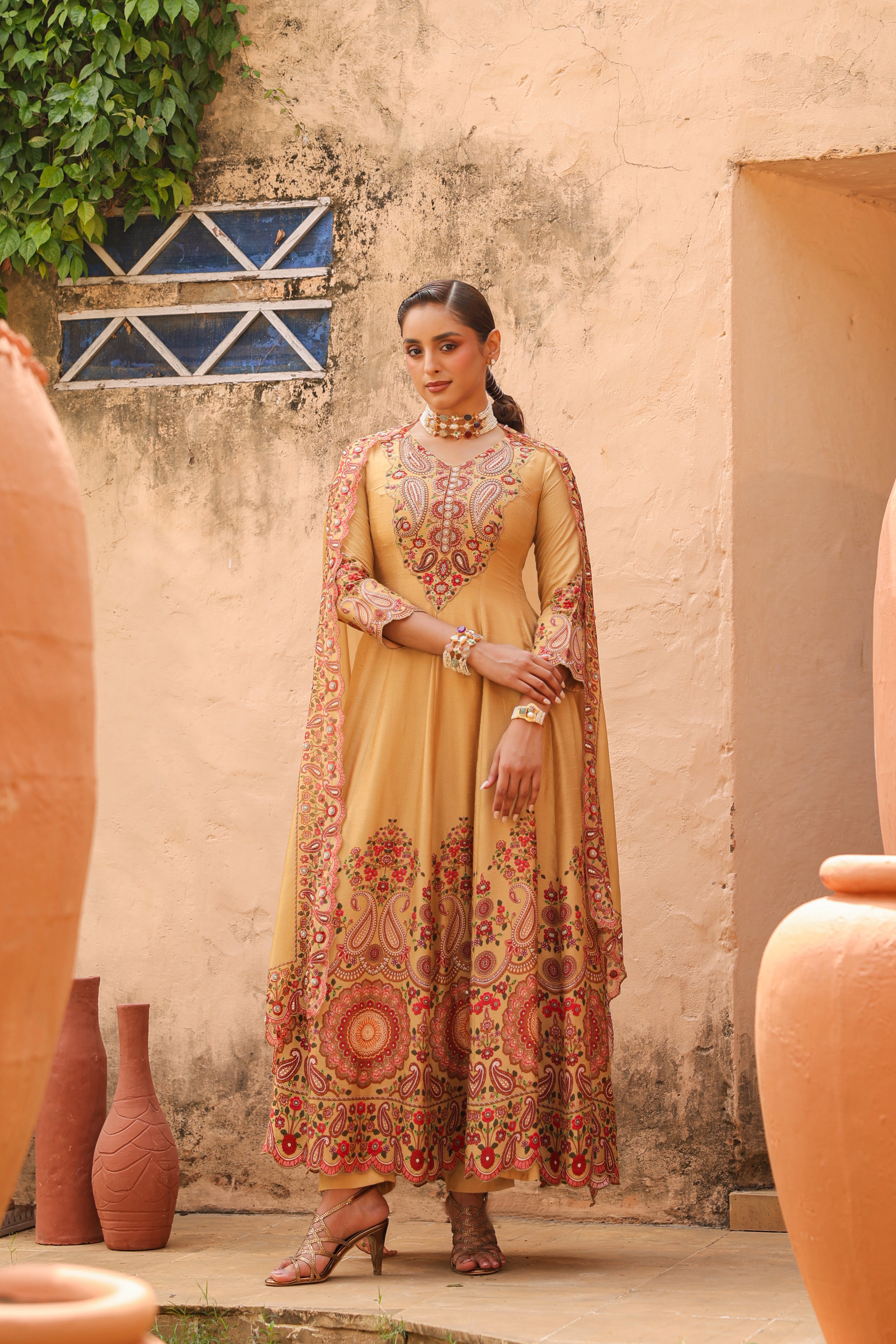 Mustard Glow Embellished Raw Silk Anarkali Set
