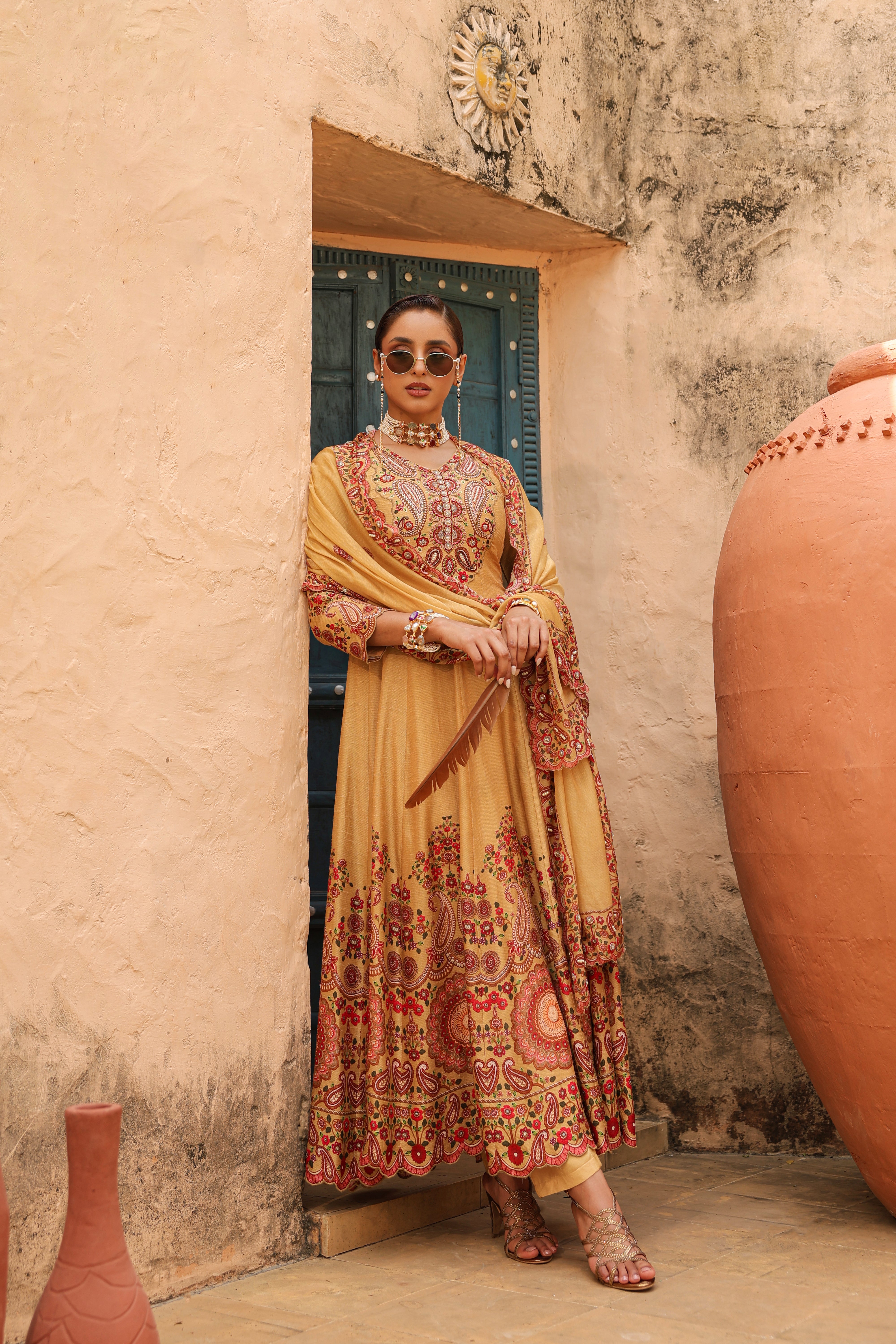 Mustard Glow Embellished Raw Silk Anarkali Set