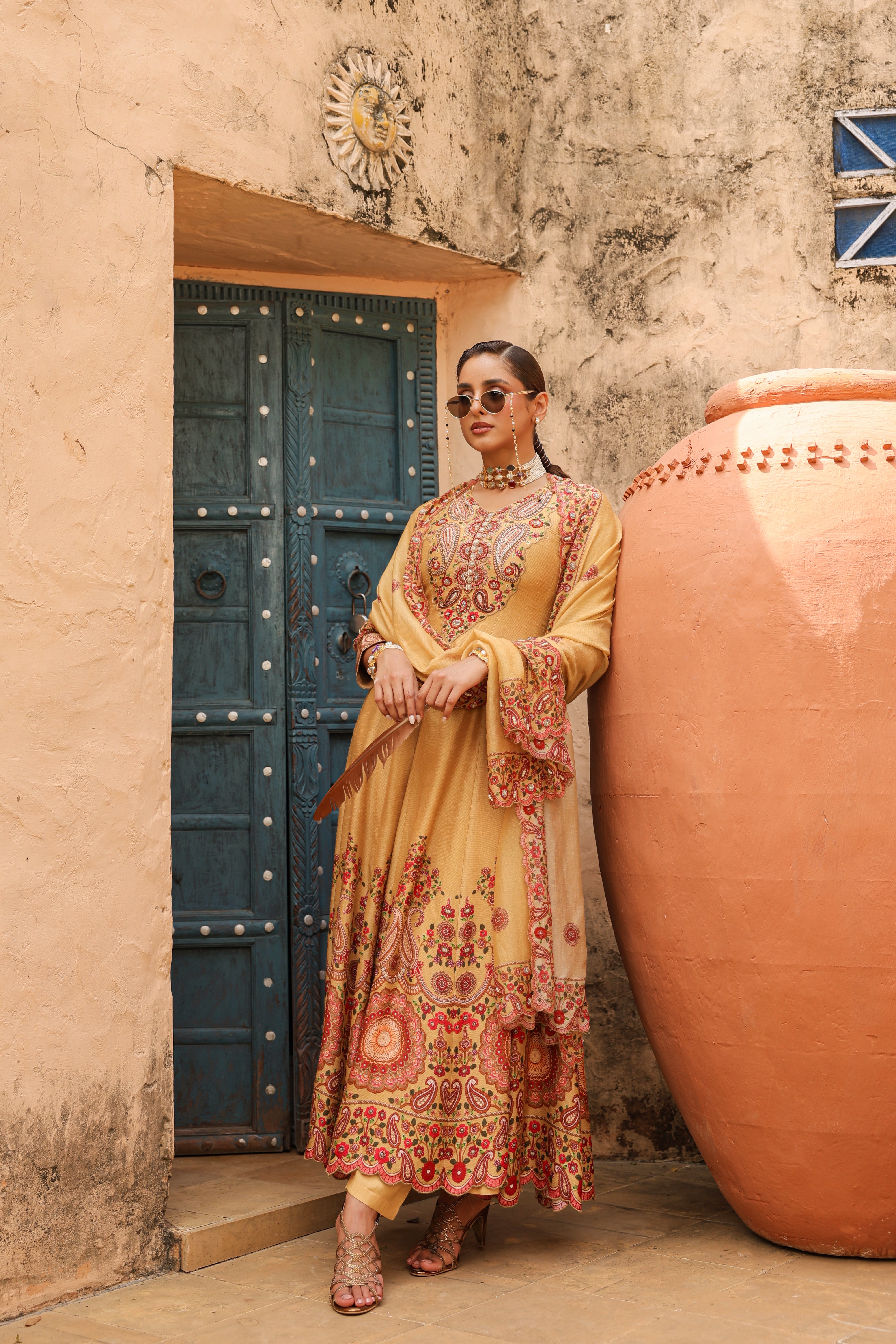 Mustard Glow Embellished Raw Silk Anarkali Set