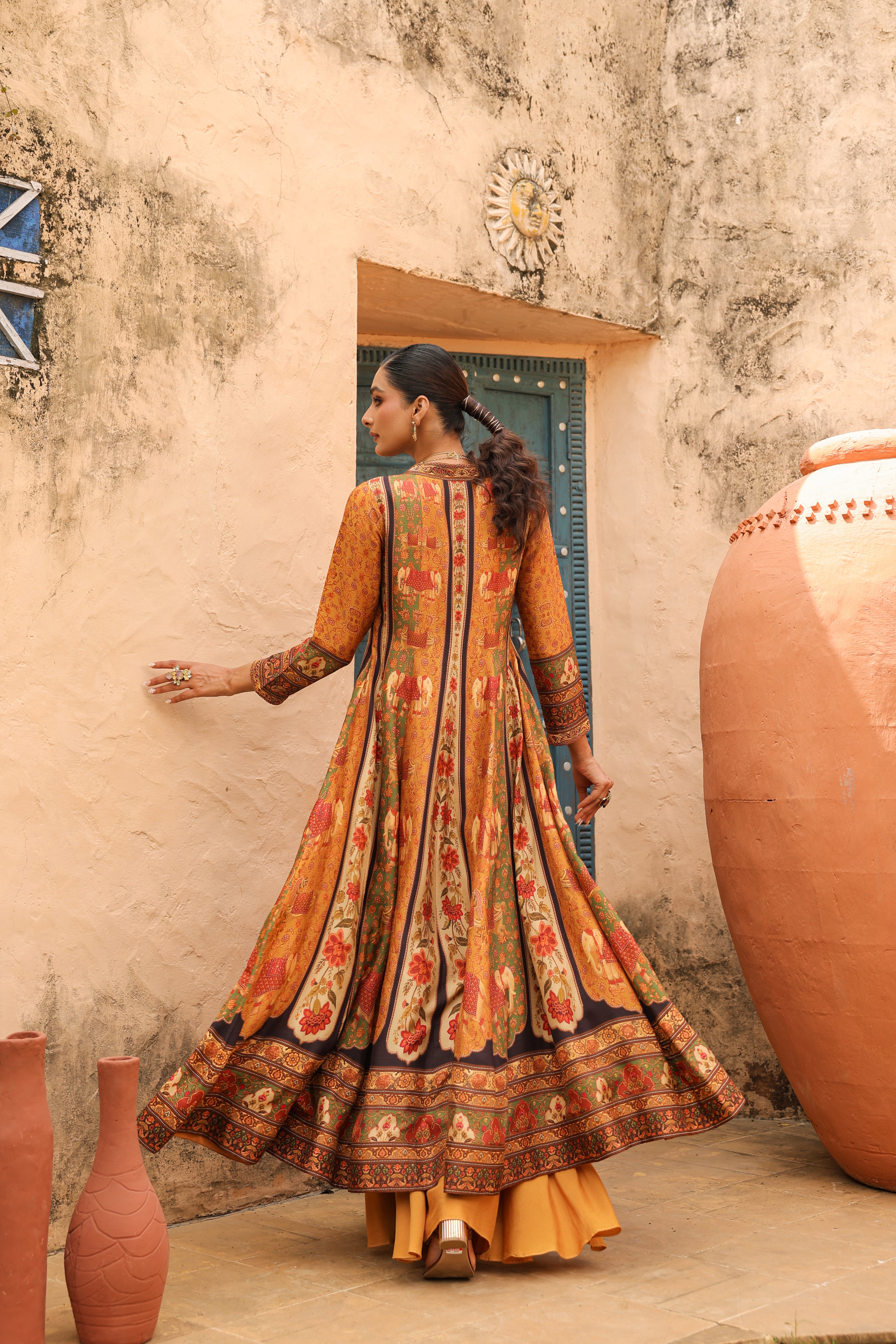 Amber Mustard Embellished Raw Silk Palazzo Set