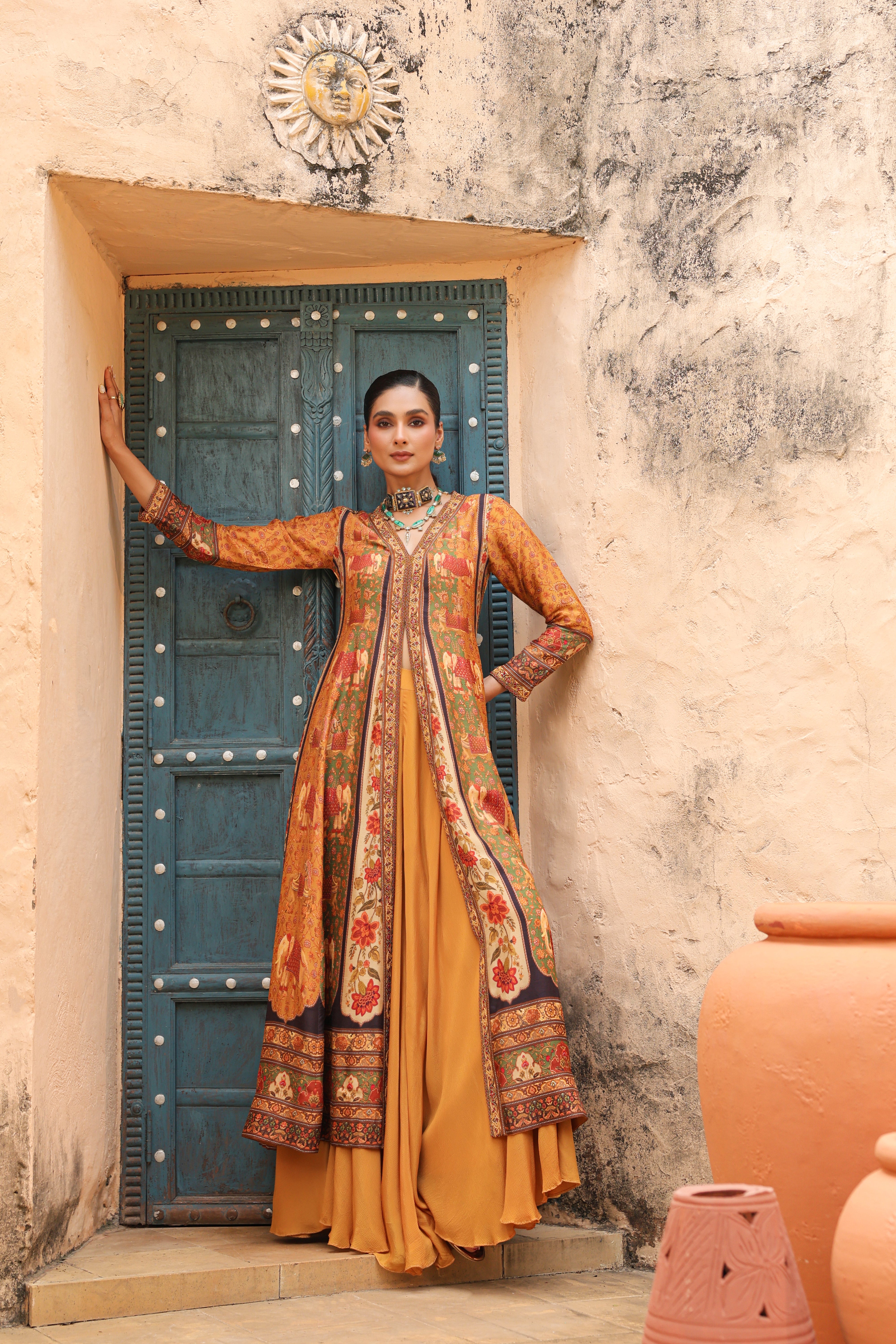 Amber Mustard Embellished Raw Silk Palazzo Set