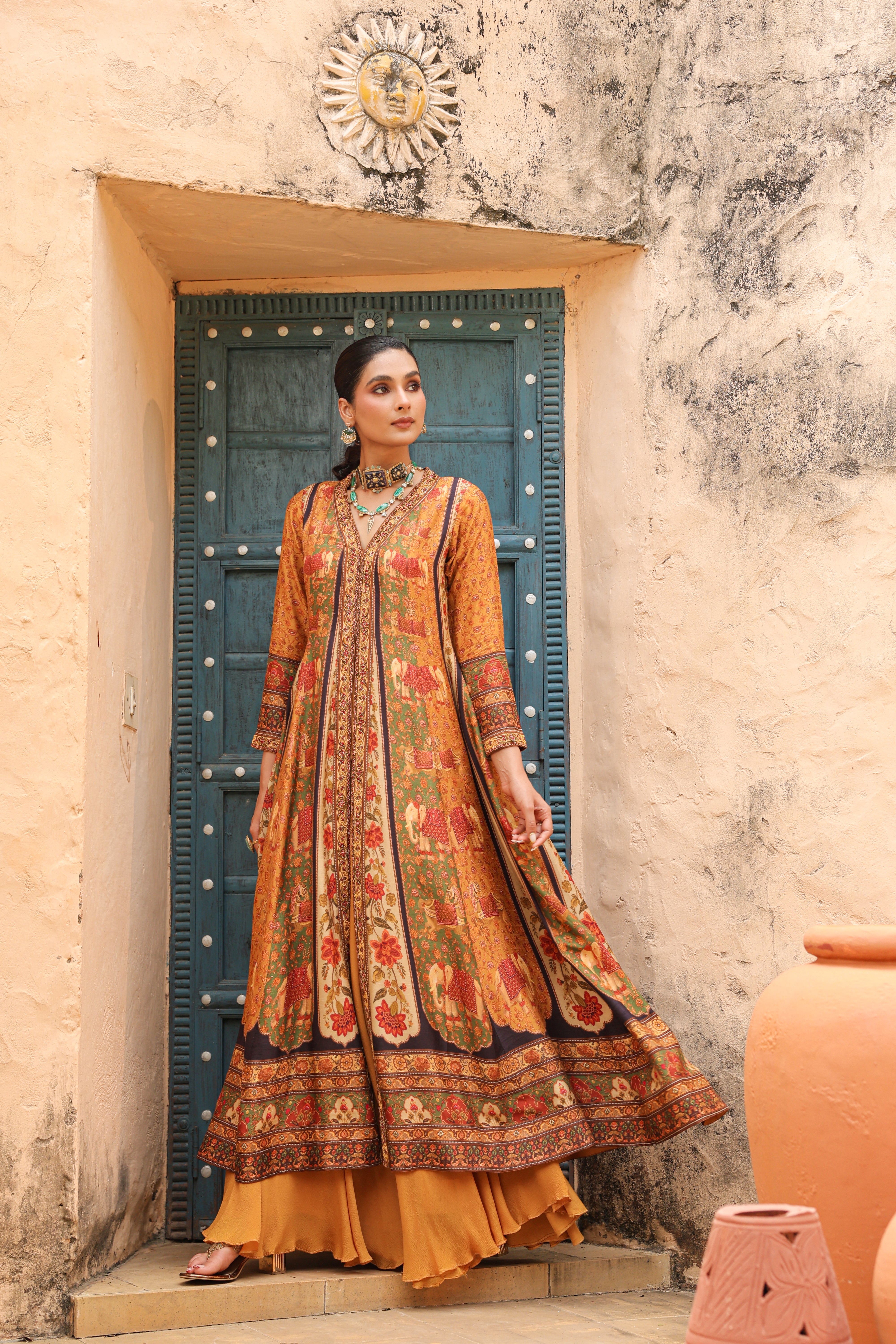 Amber Mustard Embellished Raw Silk Palazzo Set
