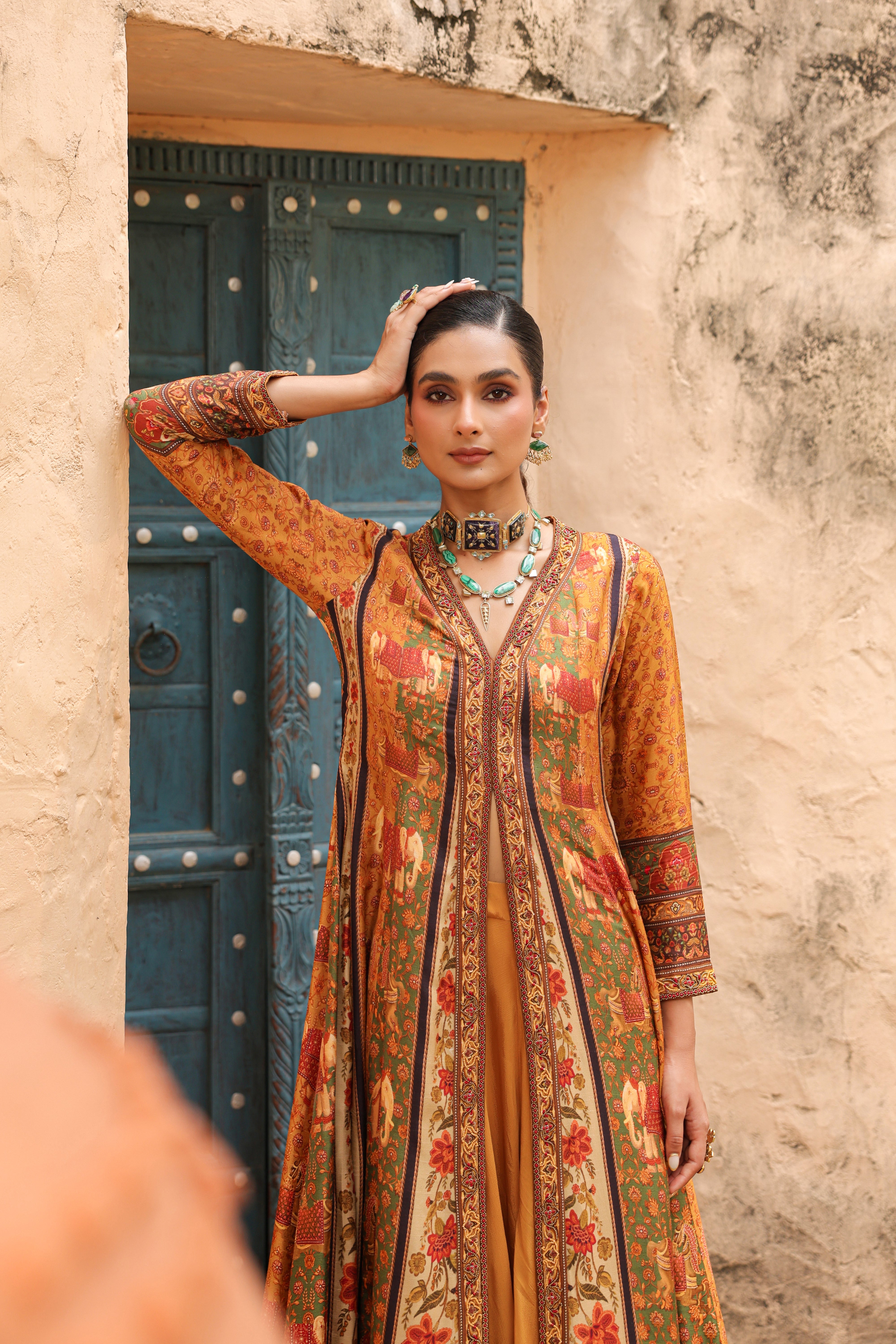 Amber Mustard Embellished Raw Silk Palazzo Set