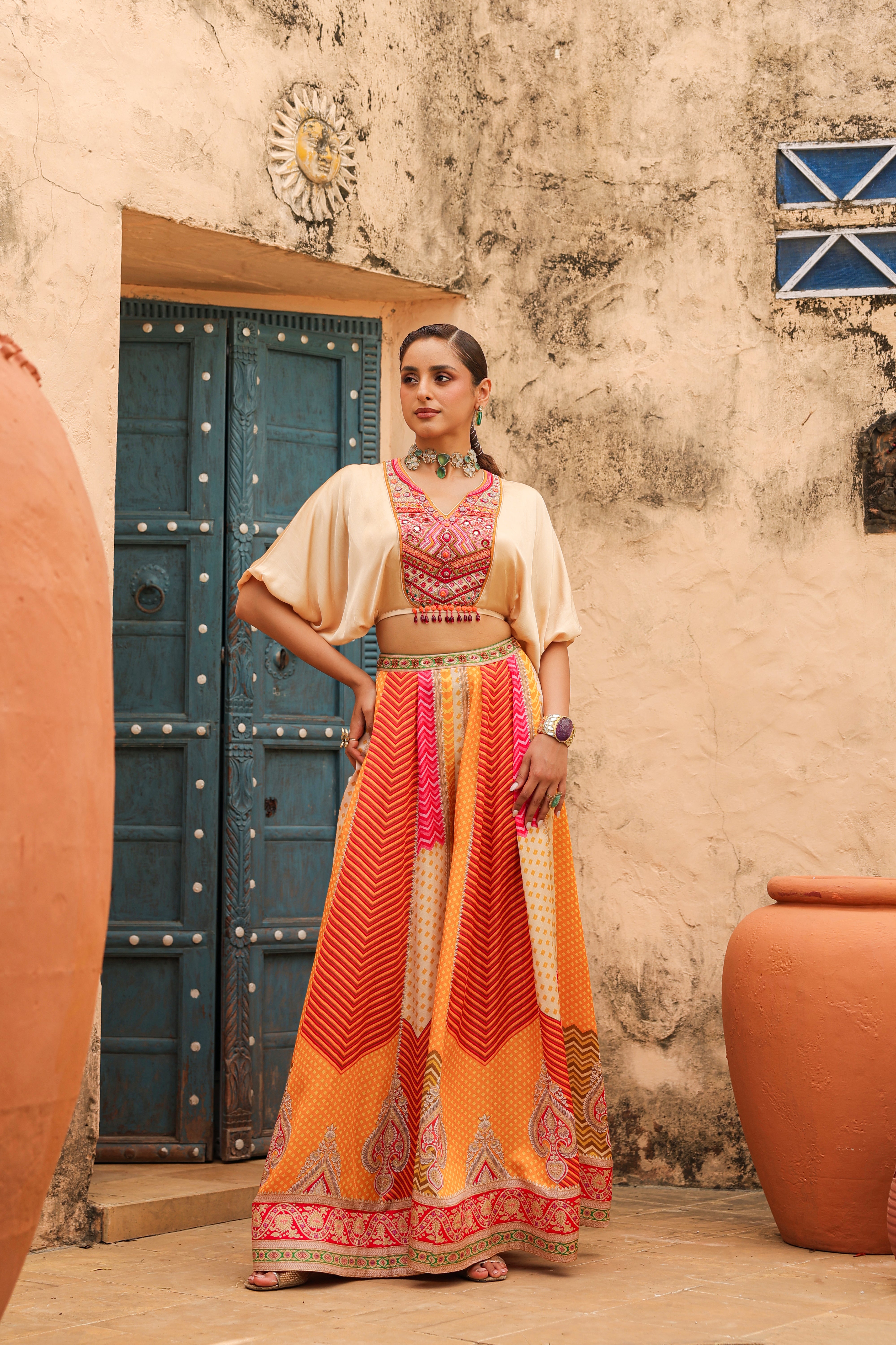 Multi Beige Embellished Satin Silk Co-Ord Set