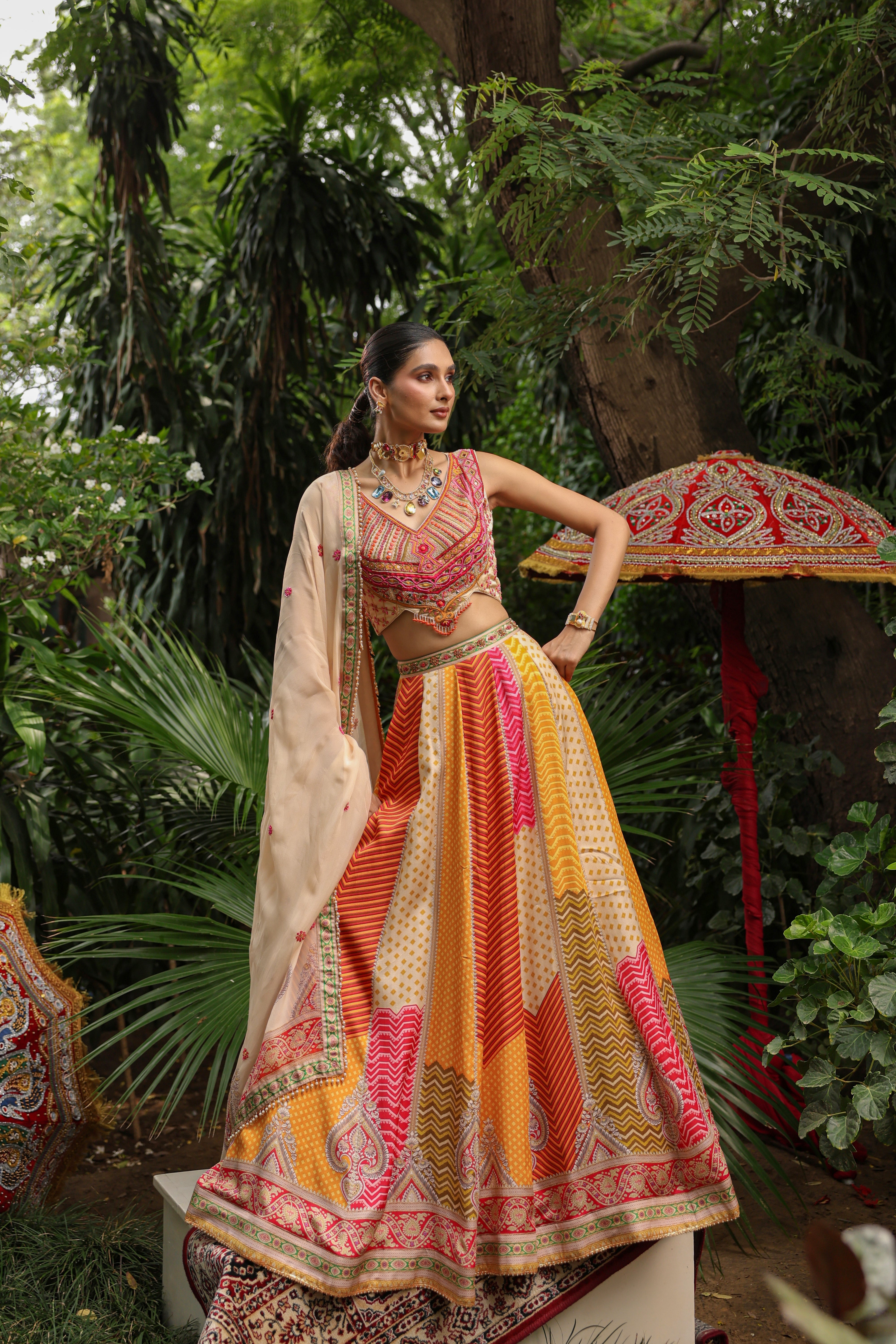Sunset Hue Embellished Satin Silk Lehenga Set