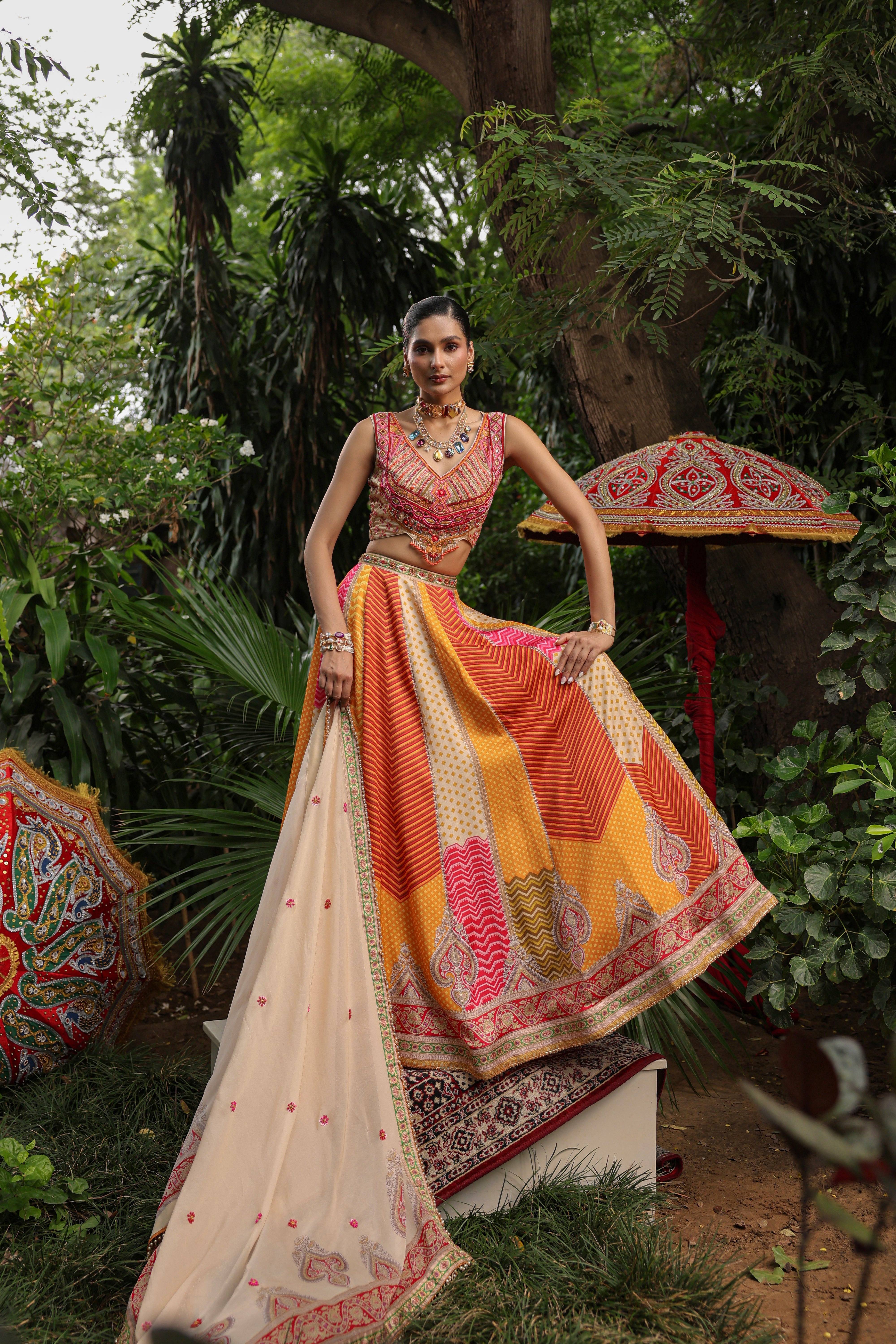 Sunset Hue Embellished Satin Silk Lehenga Set