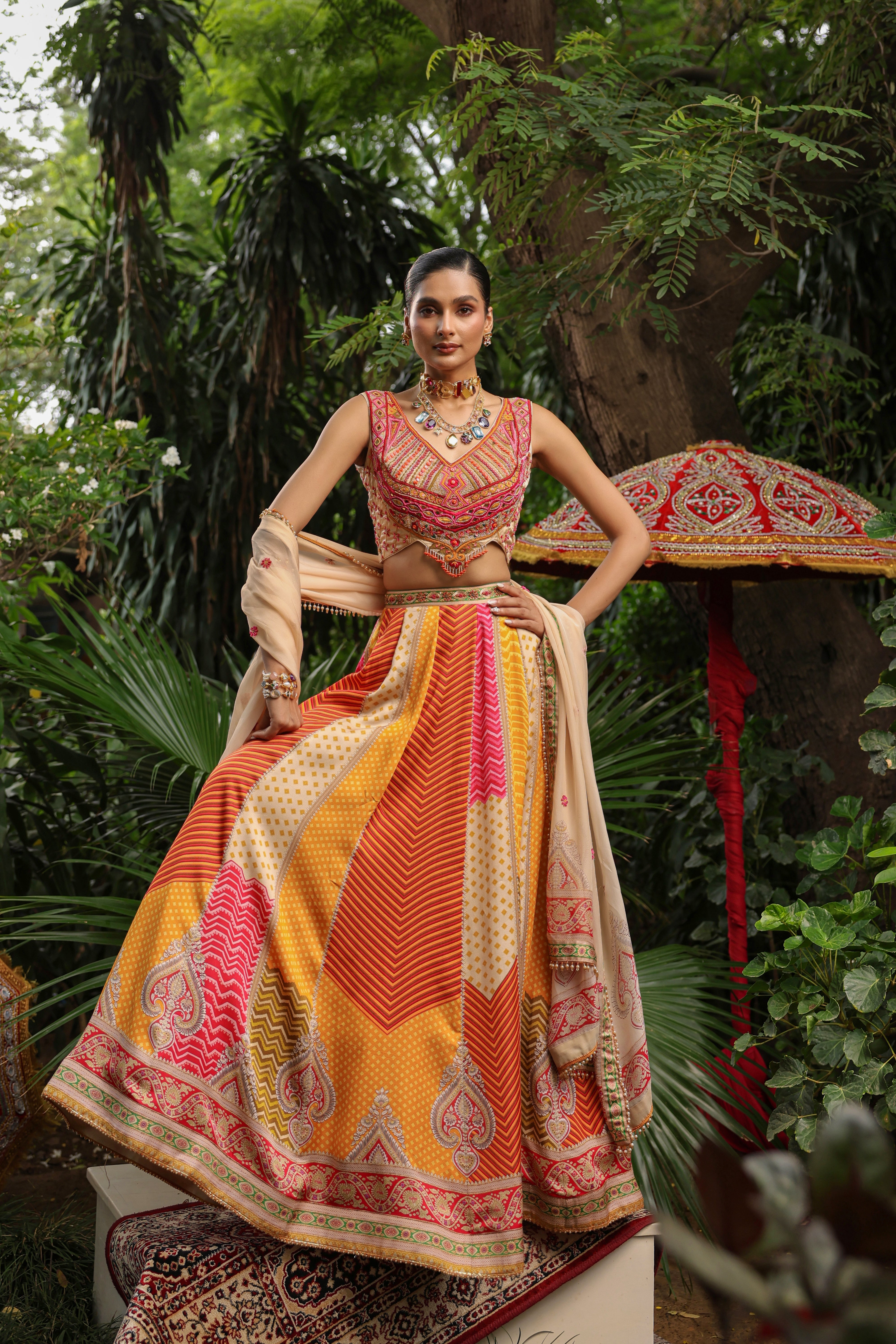 Sunset Hue Embellished Satin Silk Lehenga Set