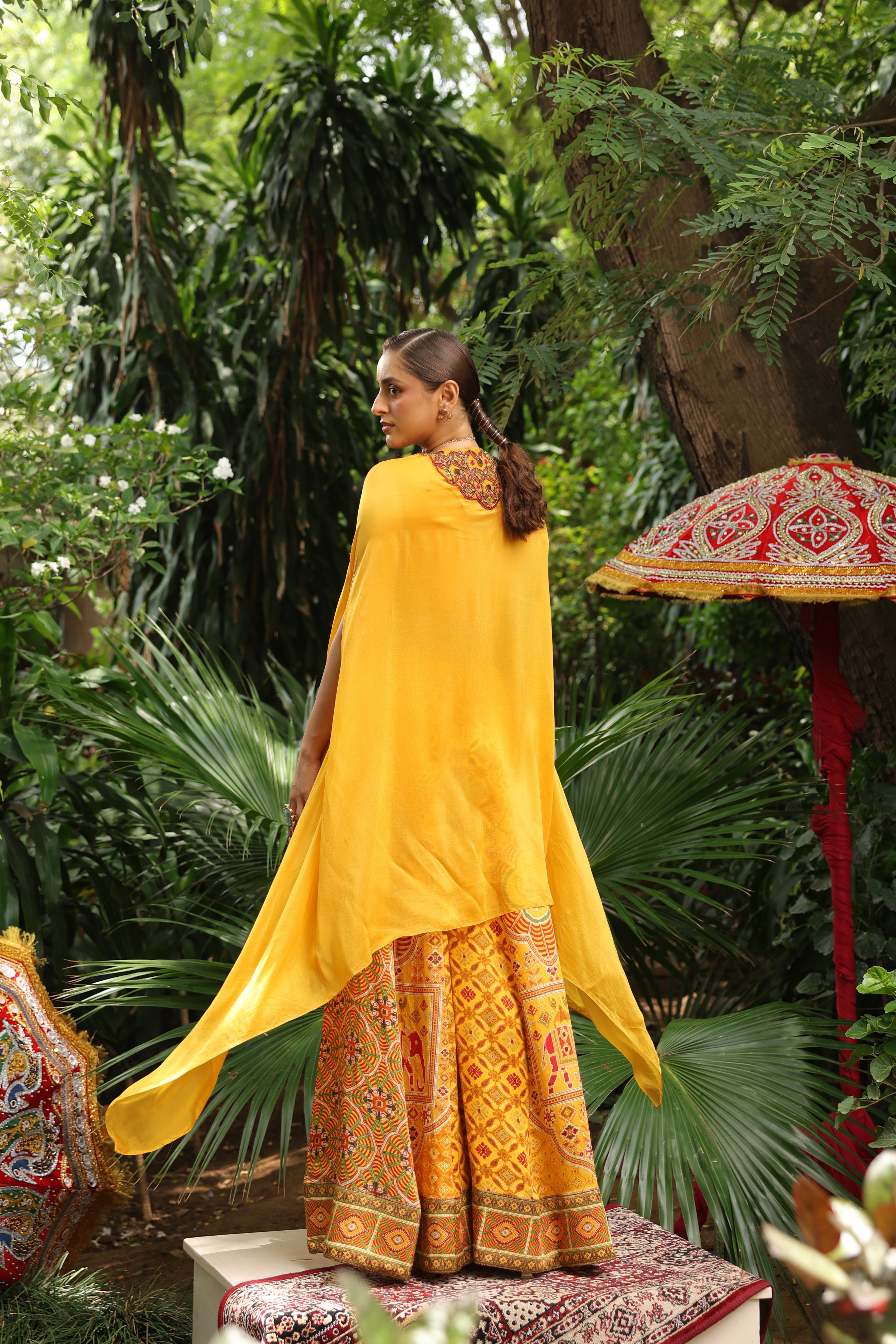 Marigold Yellow Embellished Raw Silk Cape Set