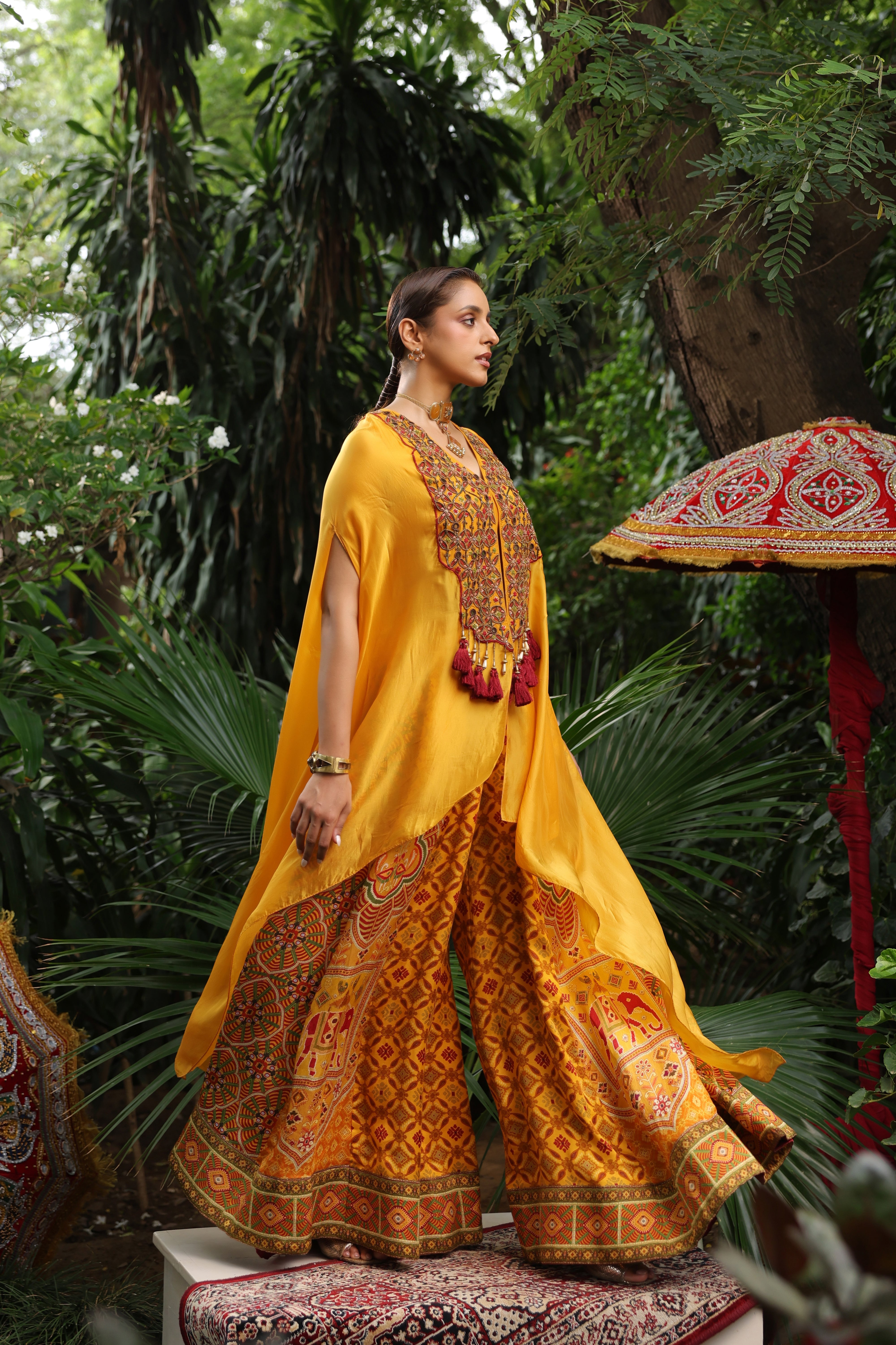 Marigold Yellow Embellished Raw Silk Cape Set