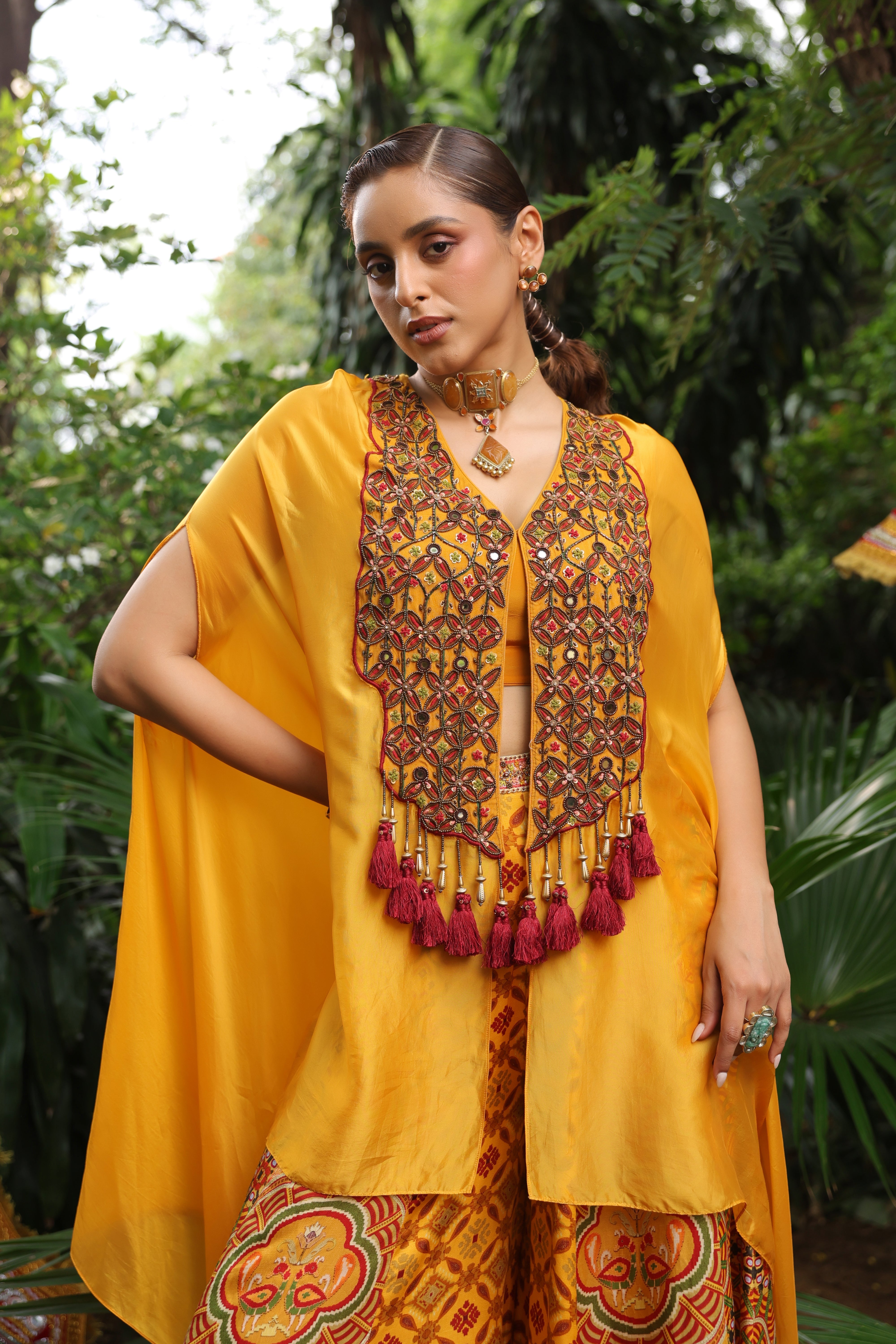 Marigold Yellow Embellished Raw Silk Cape Set