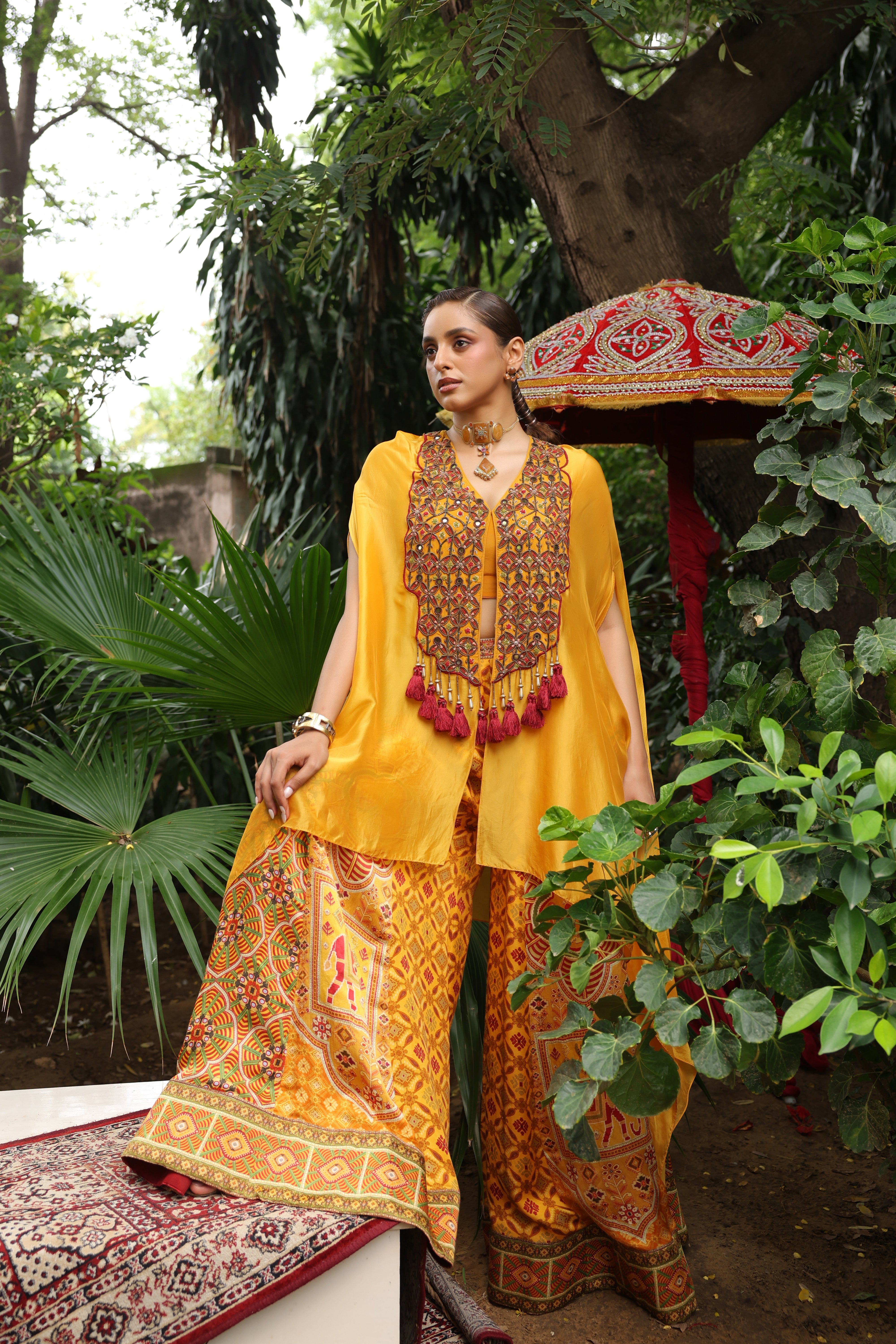 Marigold Yellow Embellished Raw Silk Cape Set