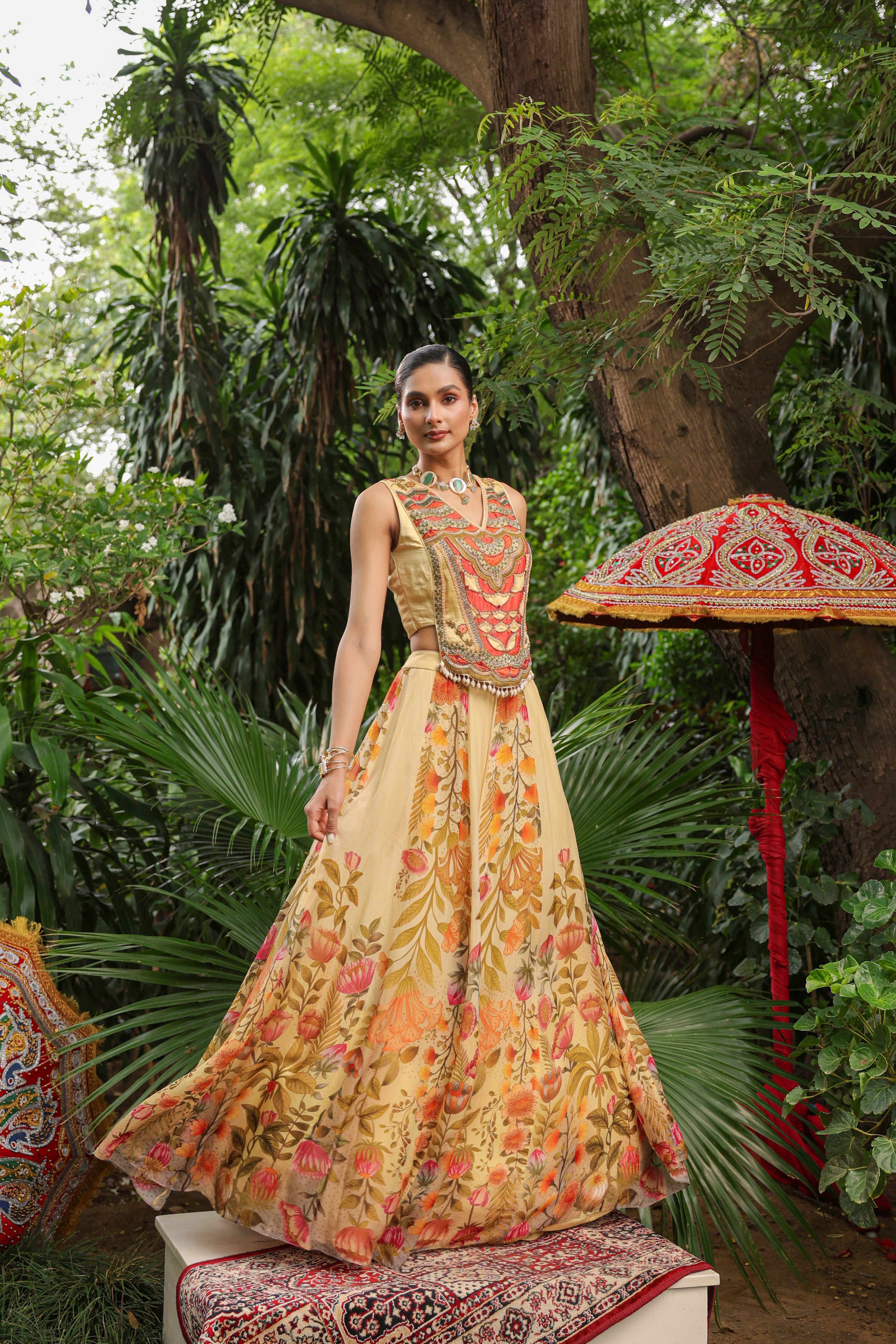 Primrose Yellow Embellished Organza Silk Cape Lehenga Set